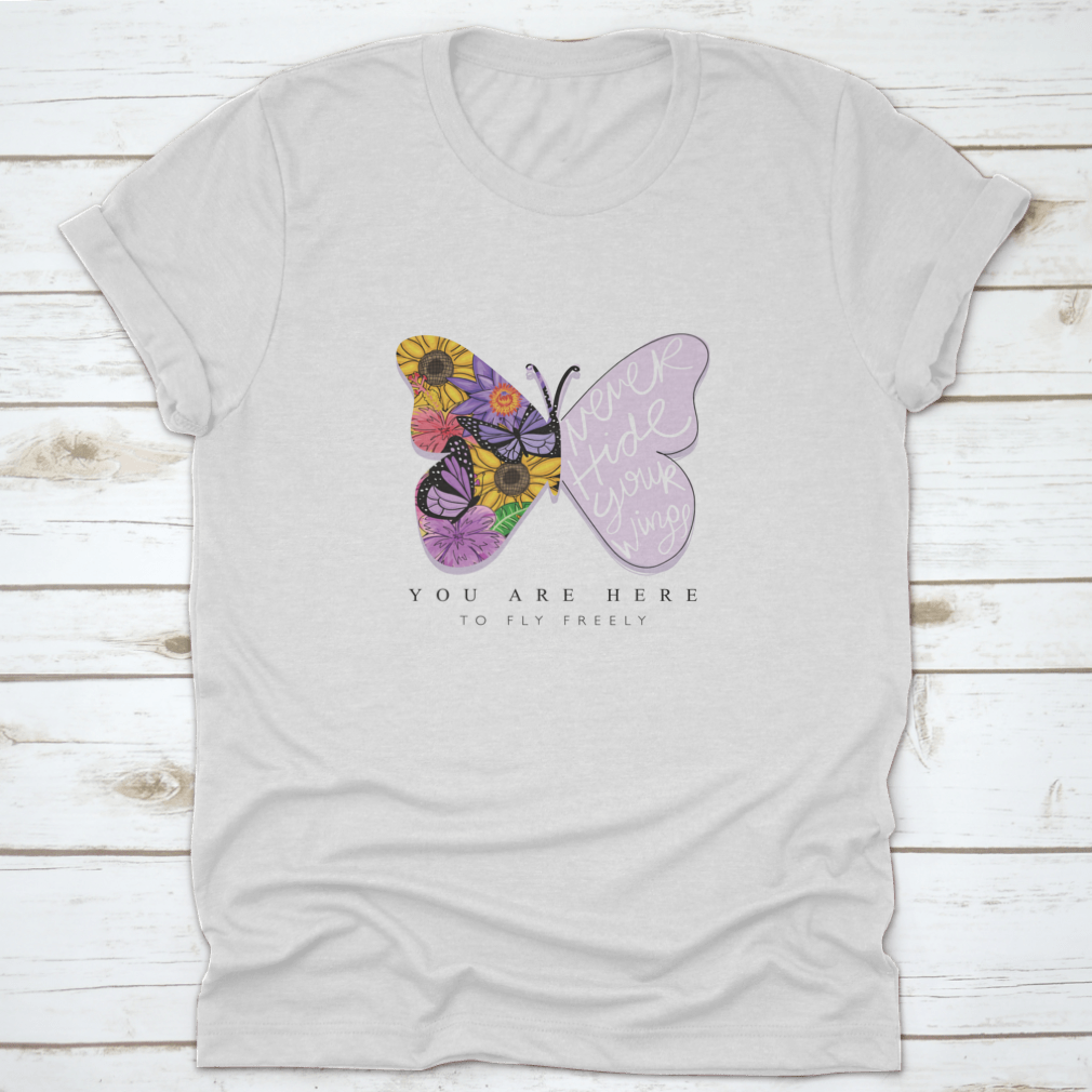 A stylish t-shirt featuring an elegant butterfly design, made from soft cotton fabric, showcasing comfort and beauty.