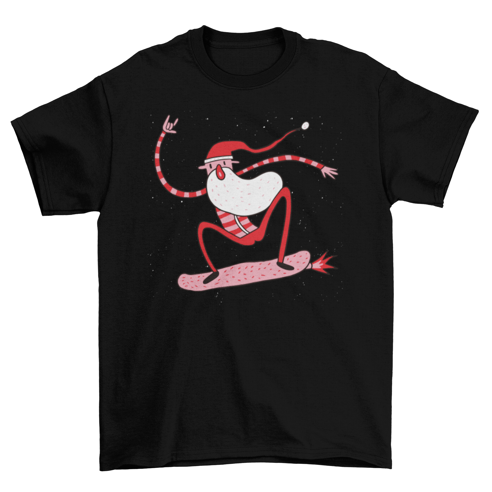 A colorful cartoon illustration of Santa skating through space, making a rock gesture, featured on a festive t-shirt.