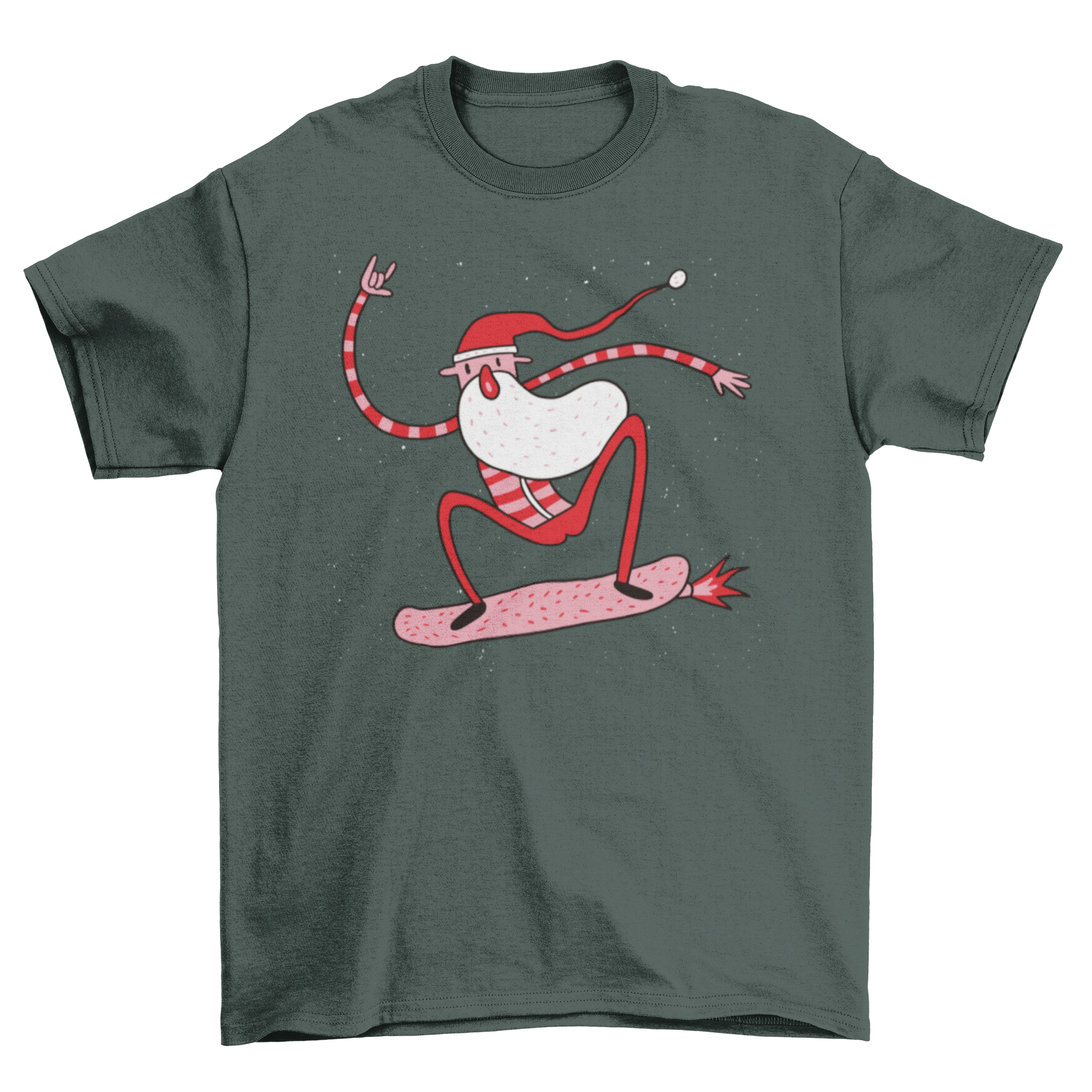 A colorful cartoon illustration of Santa skating through space, making a rock gesture, featured on a festive t-shirt.