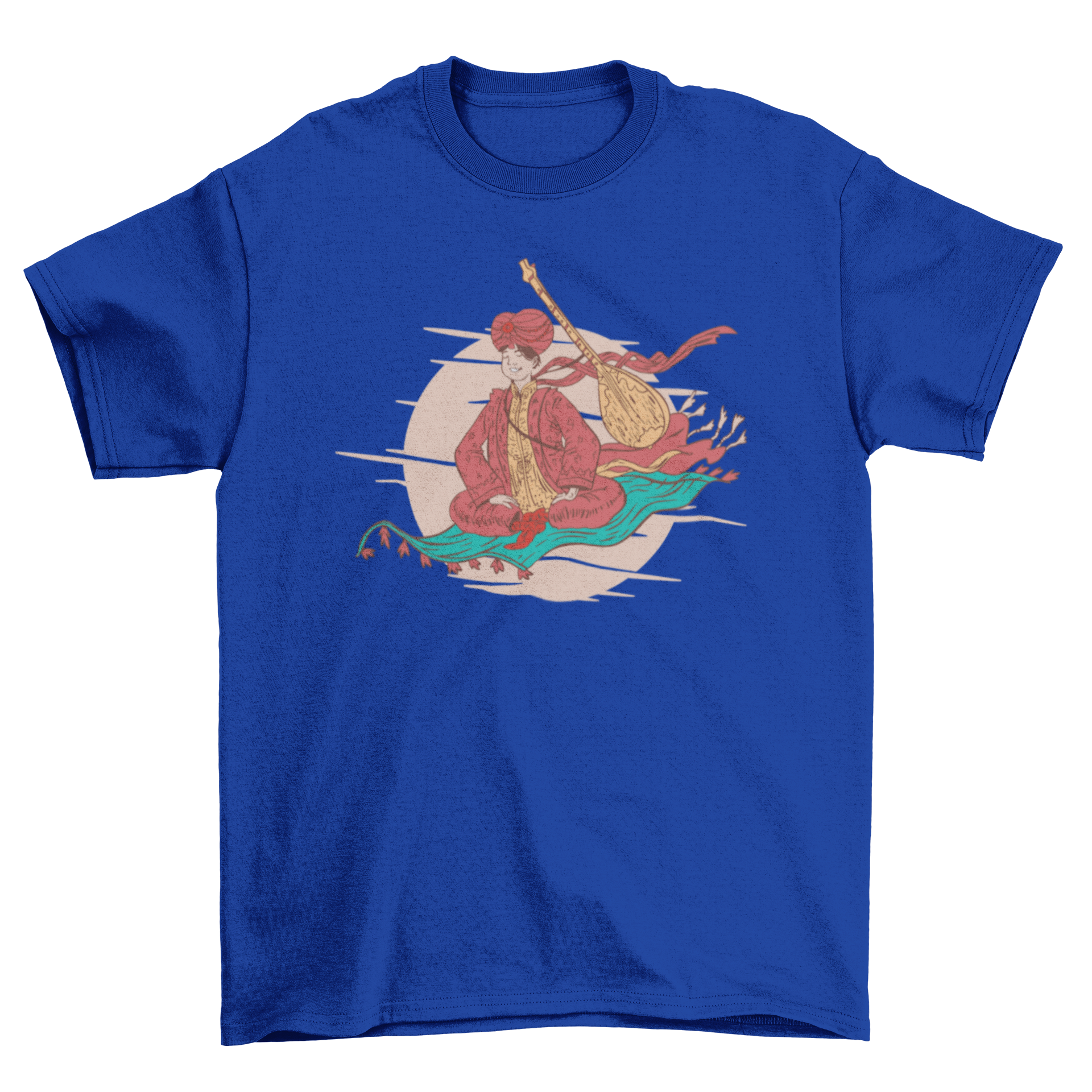 Flying Carpet T-Shirt featuring a man on a magic carpet with a dombra, showcasing vibrant colors and unique design.