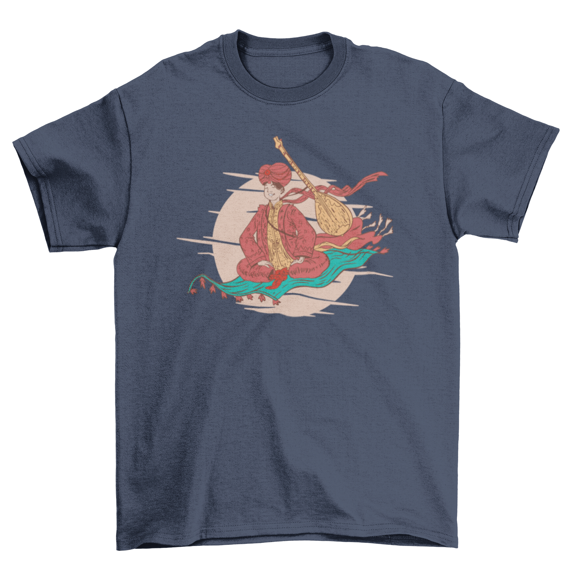 Flying Carpet T-Shirt featuring a man on a magic carpet with a dombra, showcasing vibrant colors and unique design.