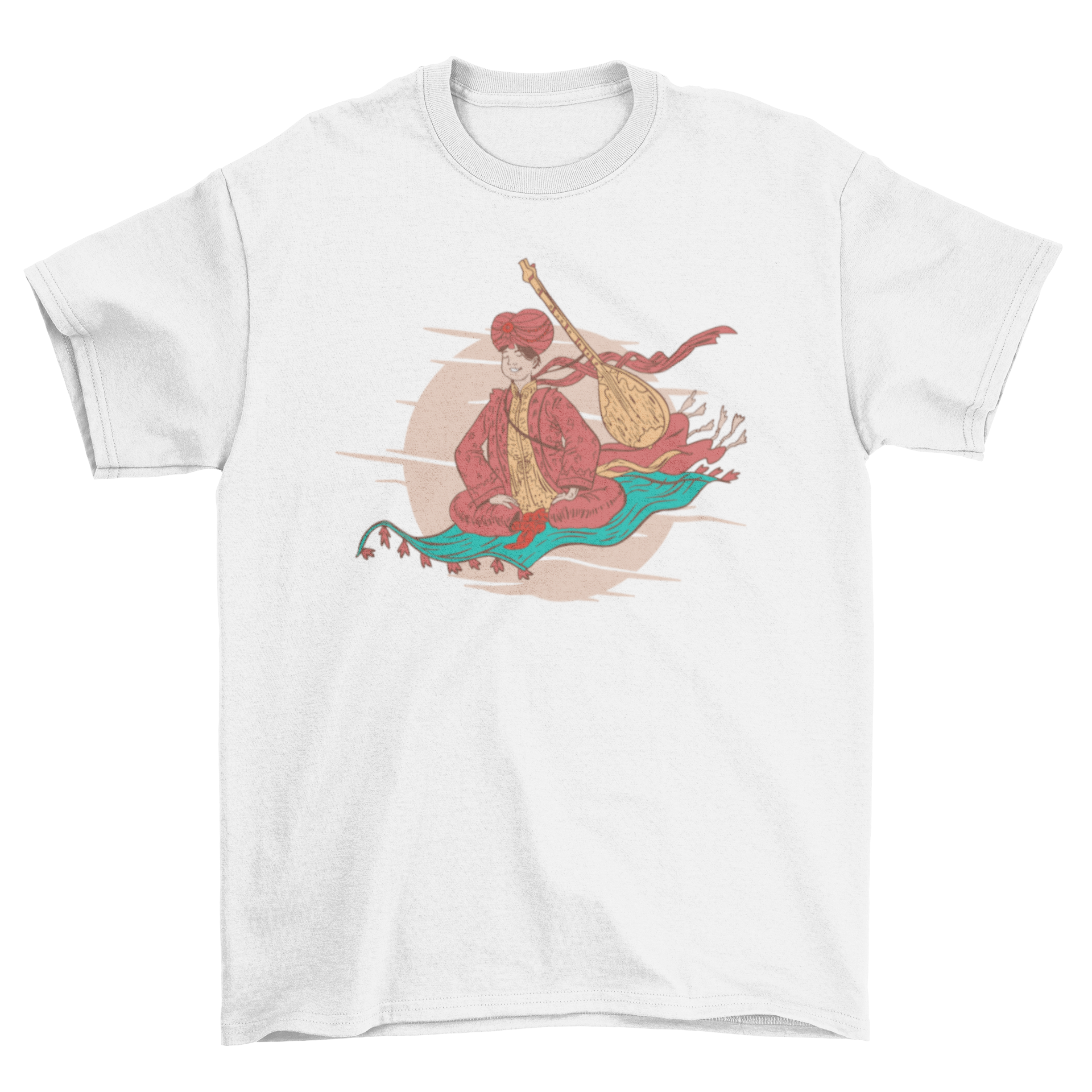 Flying Carpet T-Shirt featuring a man on a magic carpet with a dombra, showcasing vibrant colors and unique design.