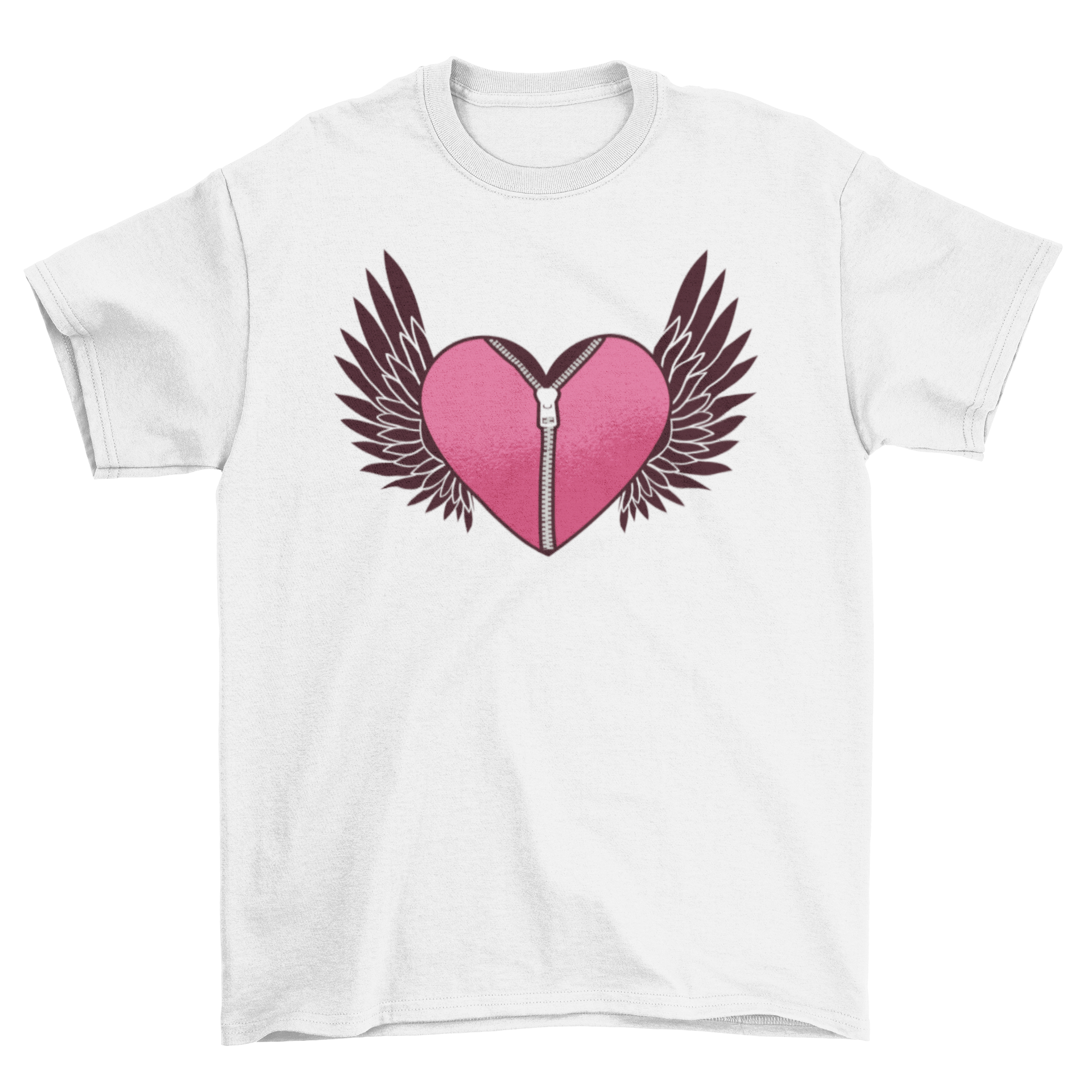 Flying Heart With Zipper T-shirt featuring a heart design with a zipper and two black wings, showcasing a unique and stylish look.