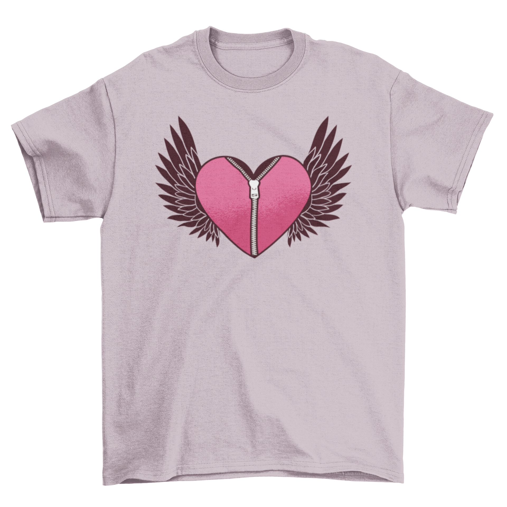 Flying Heart With Zipper T-shirt featuring a heart design with a zipper and two black wings, showcasing a unique and stylish look.