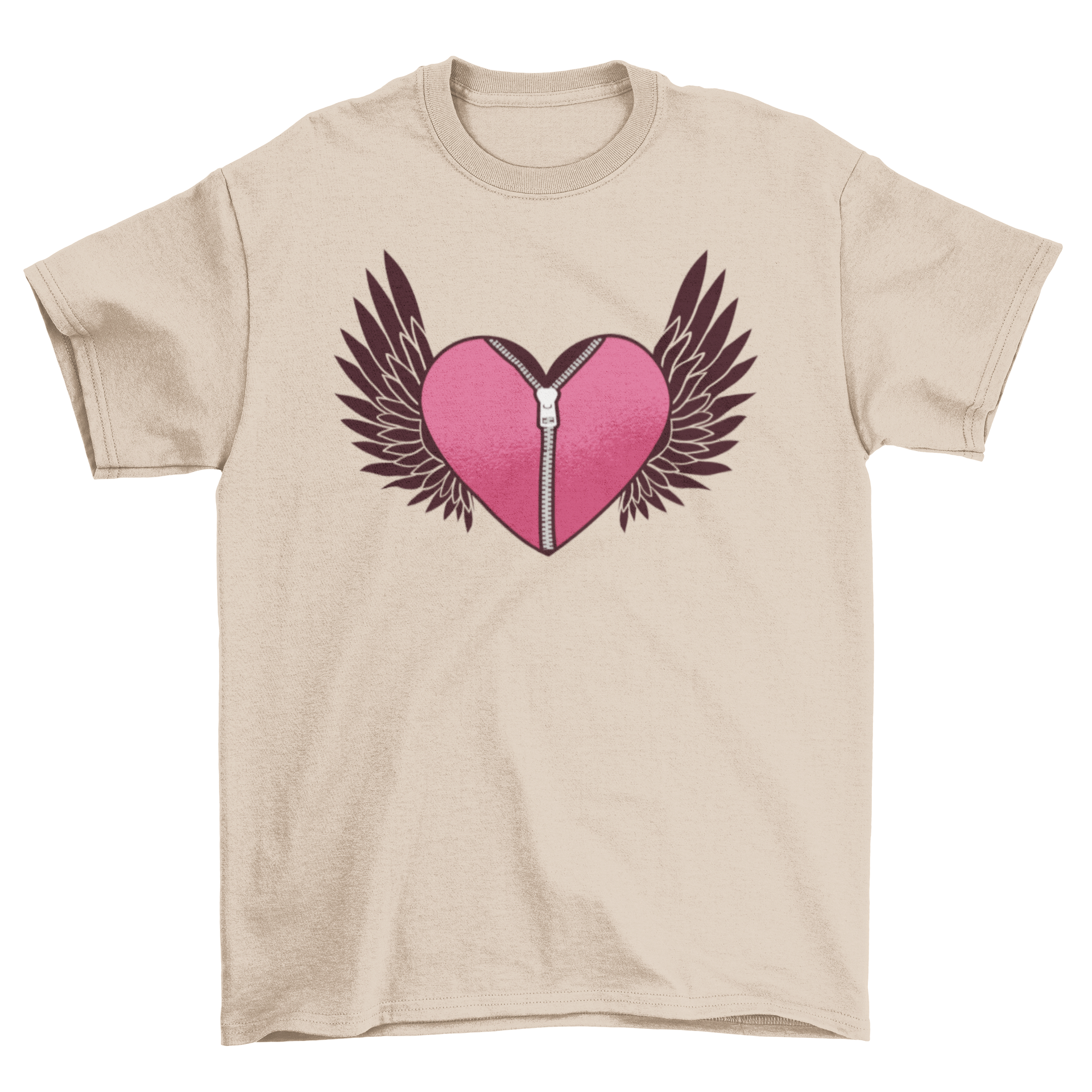 Flying Heart With Zipper T-shirt featuring a heart design with a zipper and two black wings, showcasing a unique and stylish look.