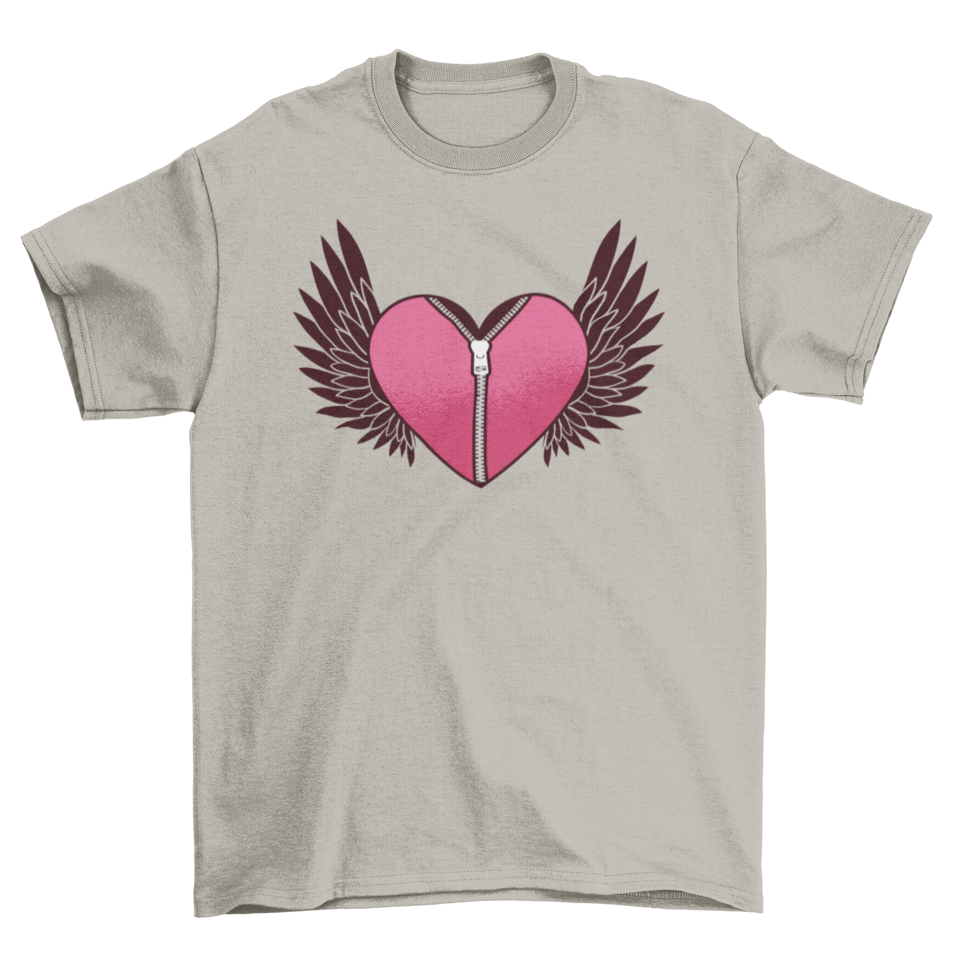 Flying Heart With Zipper T-shirt featuring a heart design with a zipper and two black wings, showcasing a unique and stylish look.