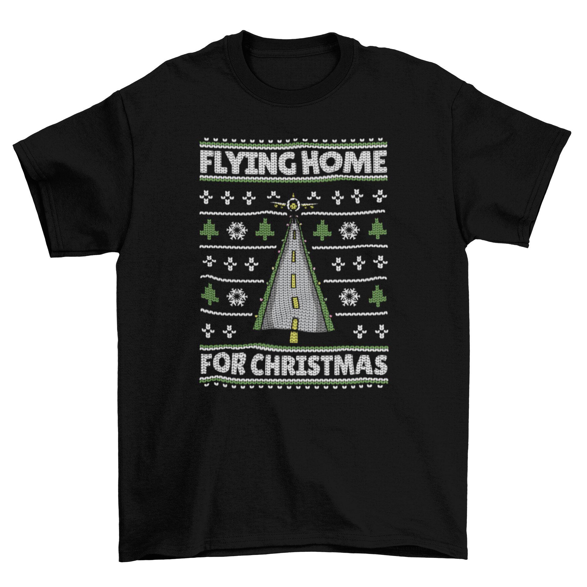 Flying Home T-shirt featuring a runway design and festive quote for Christmas celebrations.