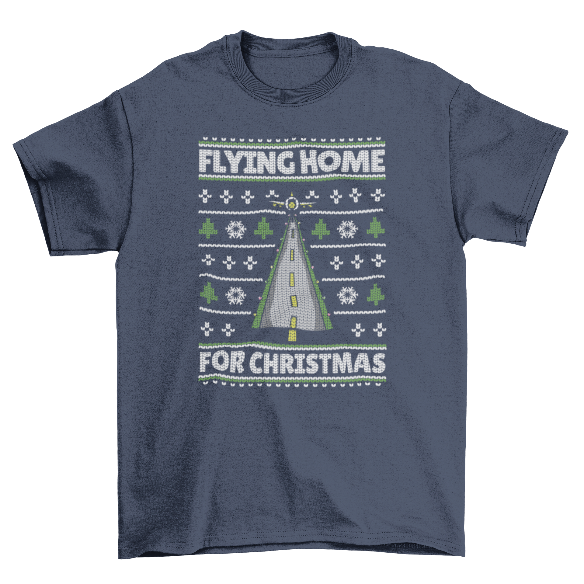 Flying Home T-shirt featuring a runway design and festive quote for Christmas celebrations.