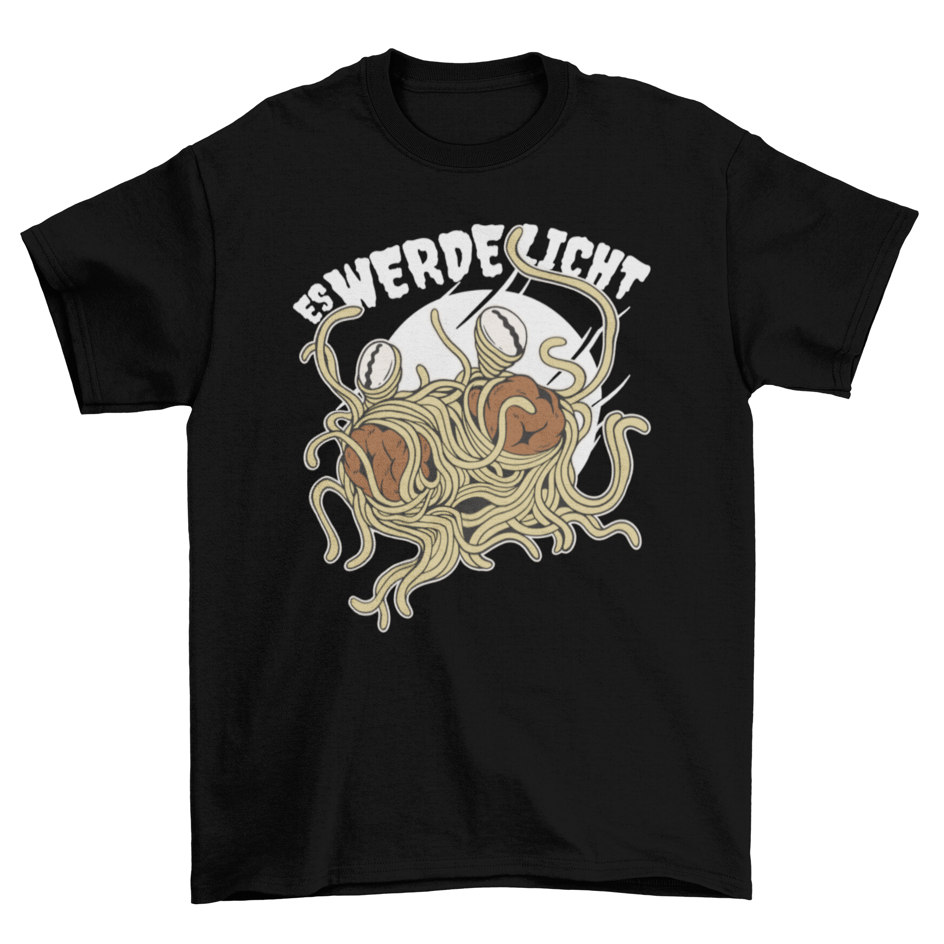 A stylish t-shirt featuring the Flying Spaghetti Monster with the German quote 'Es werde licht' in vibrant colors.