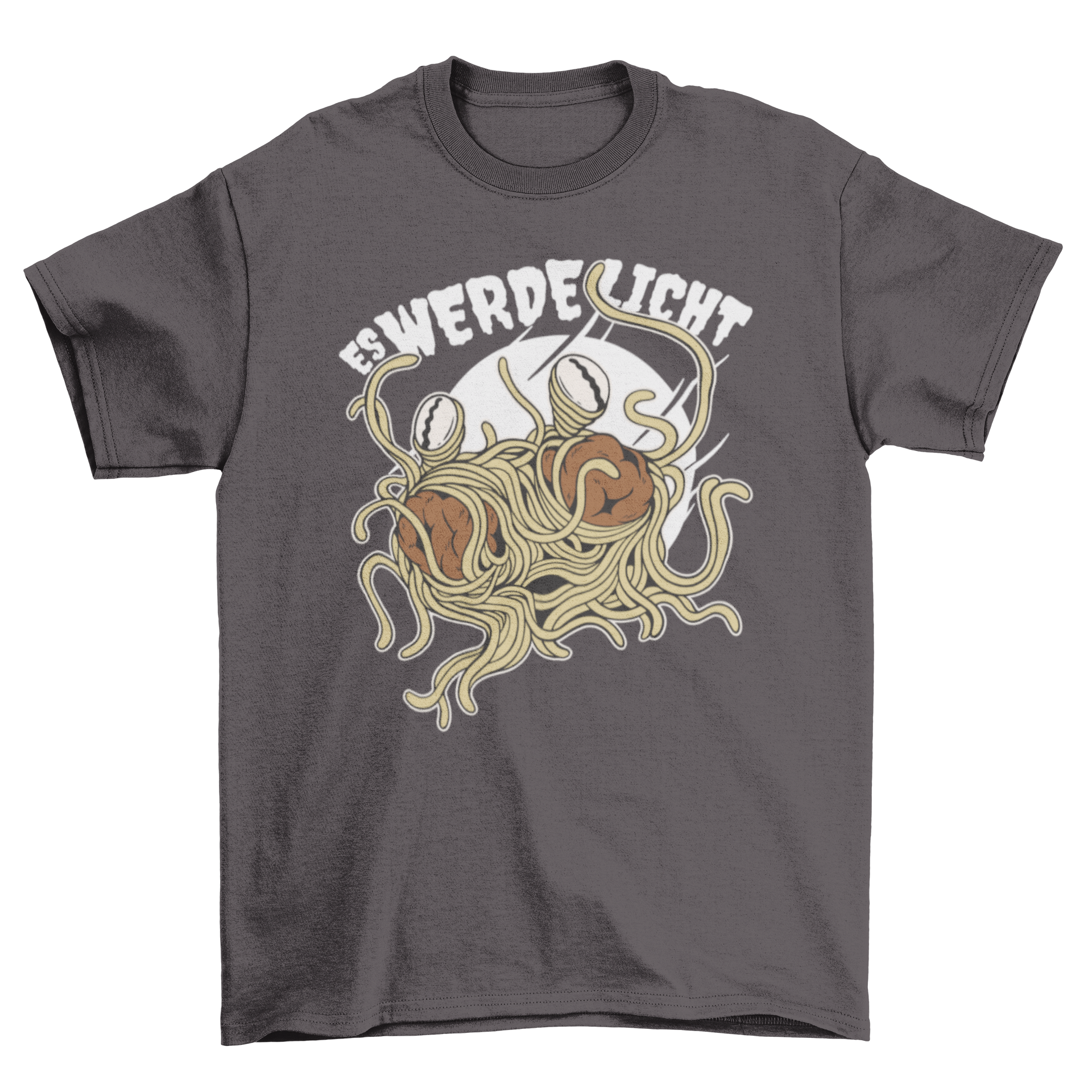 A stylish t-shirt featuring the Flying Spaghetti Monster with the German quote 'Es werde licht' in vibrant colors.