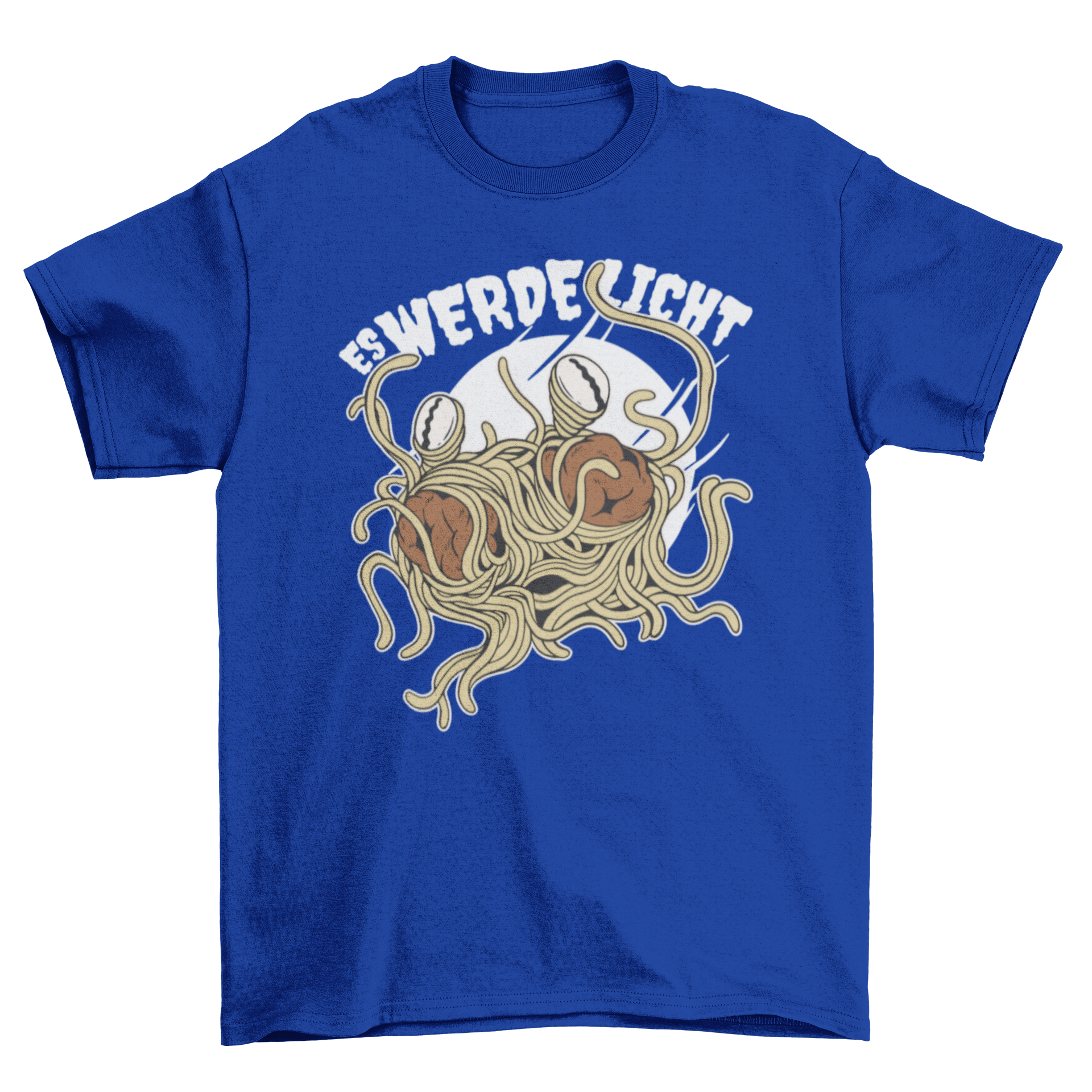 A stylish t-shirt featuring the Flying Spaghetti Monster with the German quote 'Es werde licht' in vibrant colors.