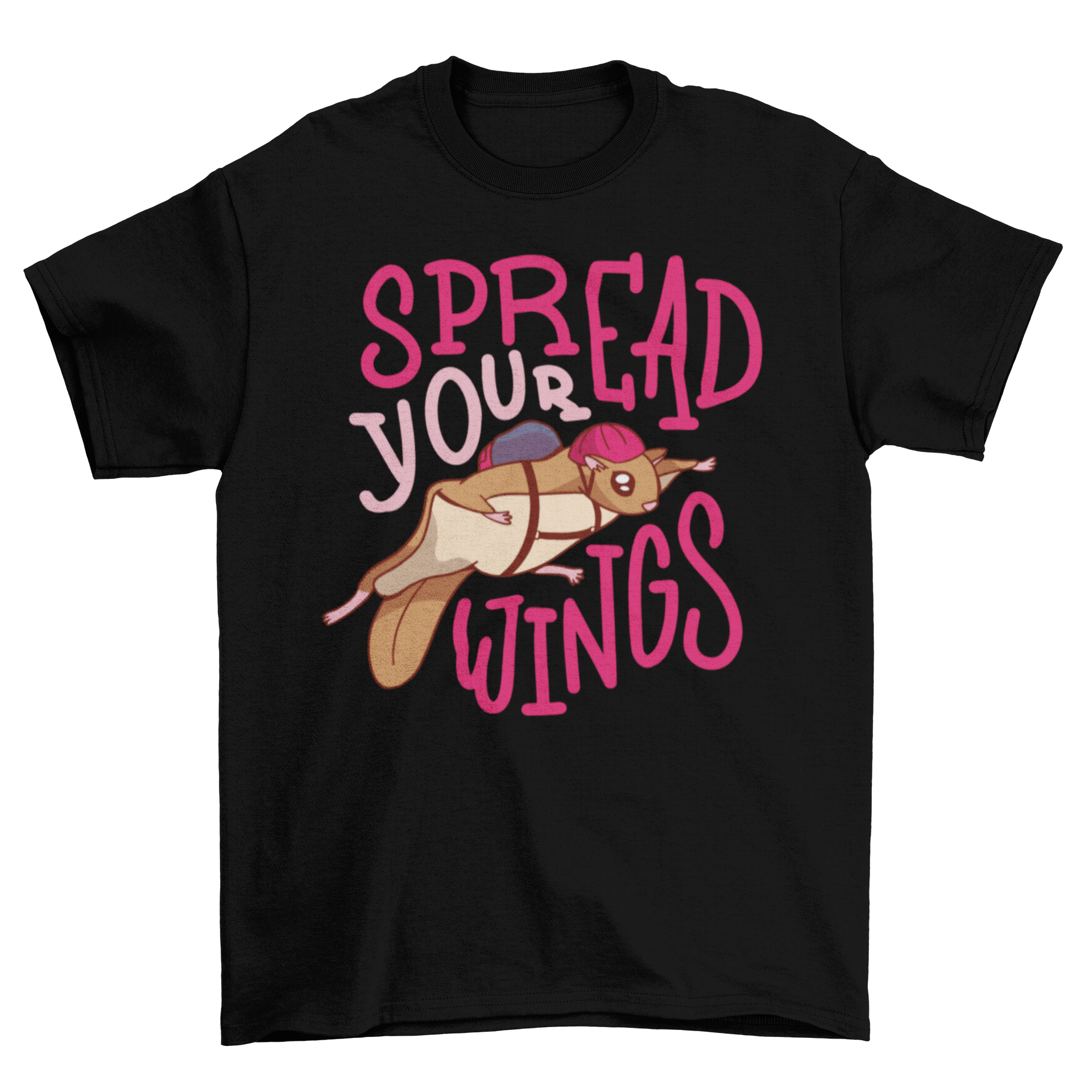 A stylish t-shirt featuring a flying squirrel wearing a helmet with the quote 'Spread your wings' printed below.