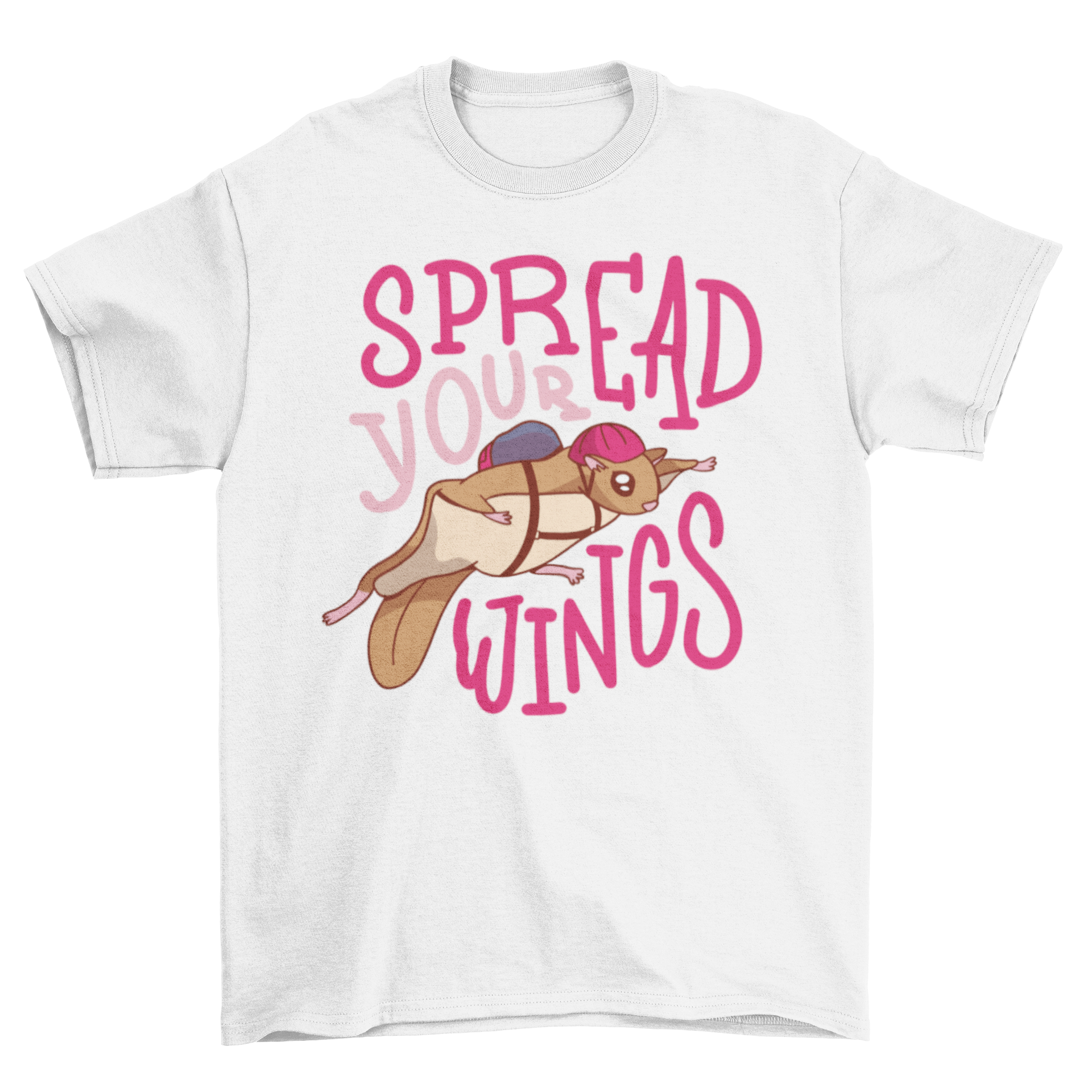 A stylish t-shirt featuring a flying squirrel wearing a helmet with the quote 'Spread your wings' printed below.