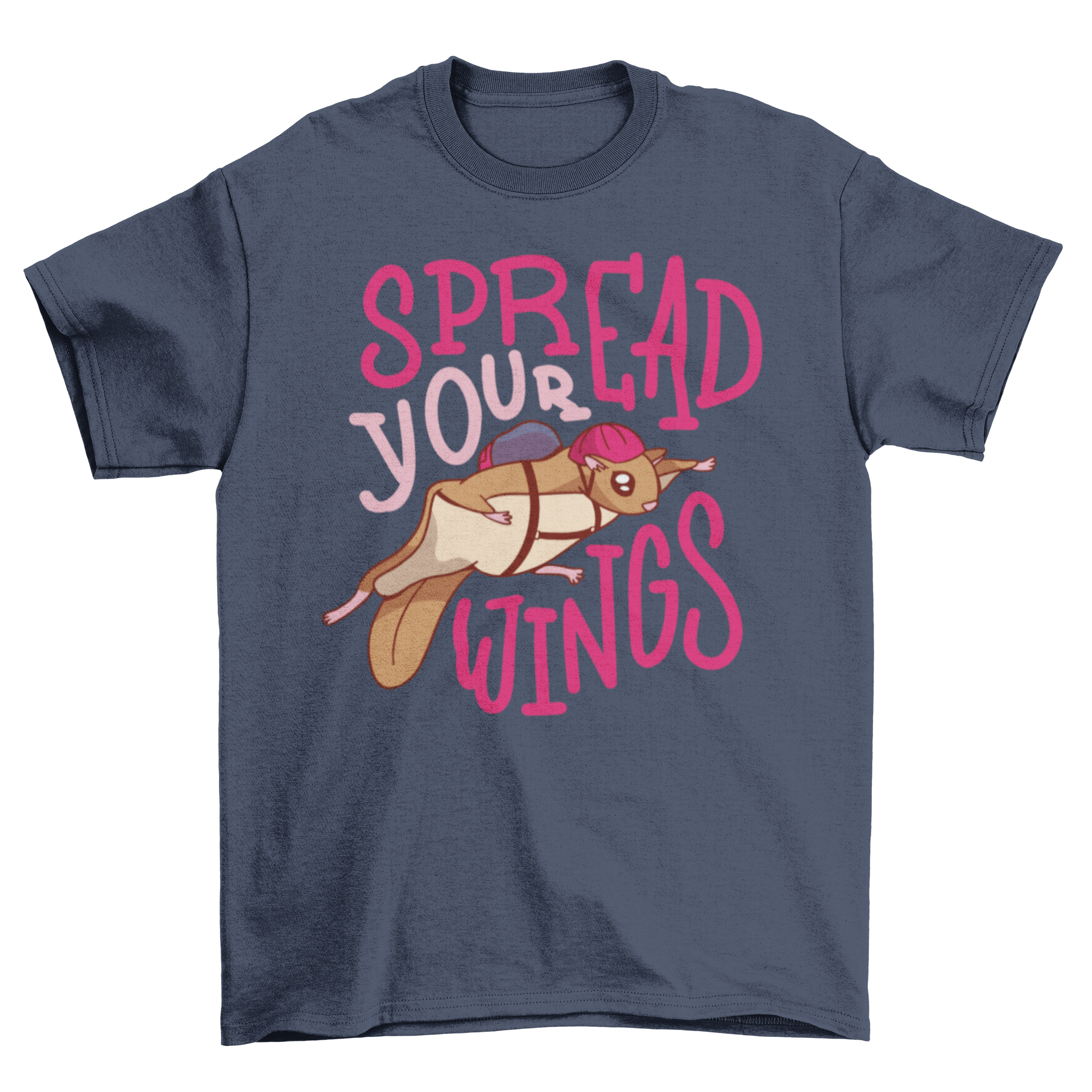 A stylish t-shirt featuring a flying squirrel wearing a helmet with the quote 'Spread your wings' printed below.