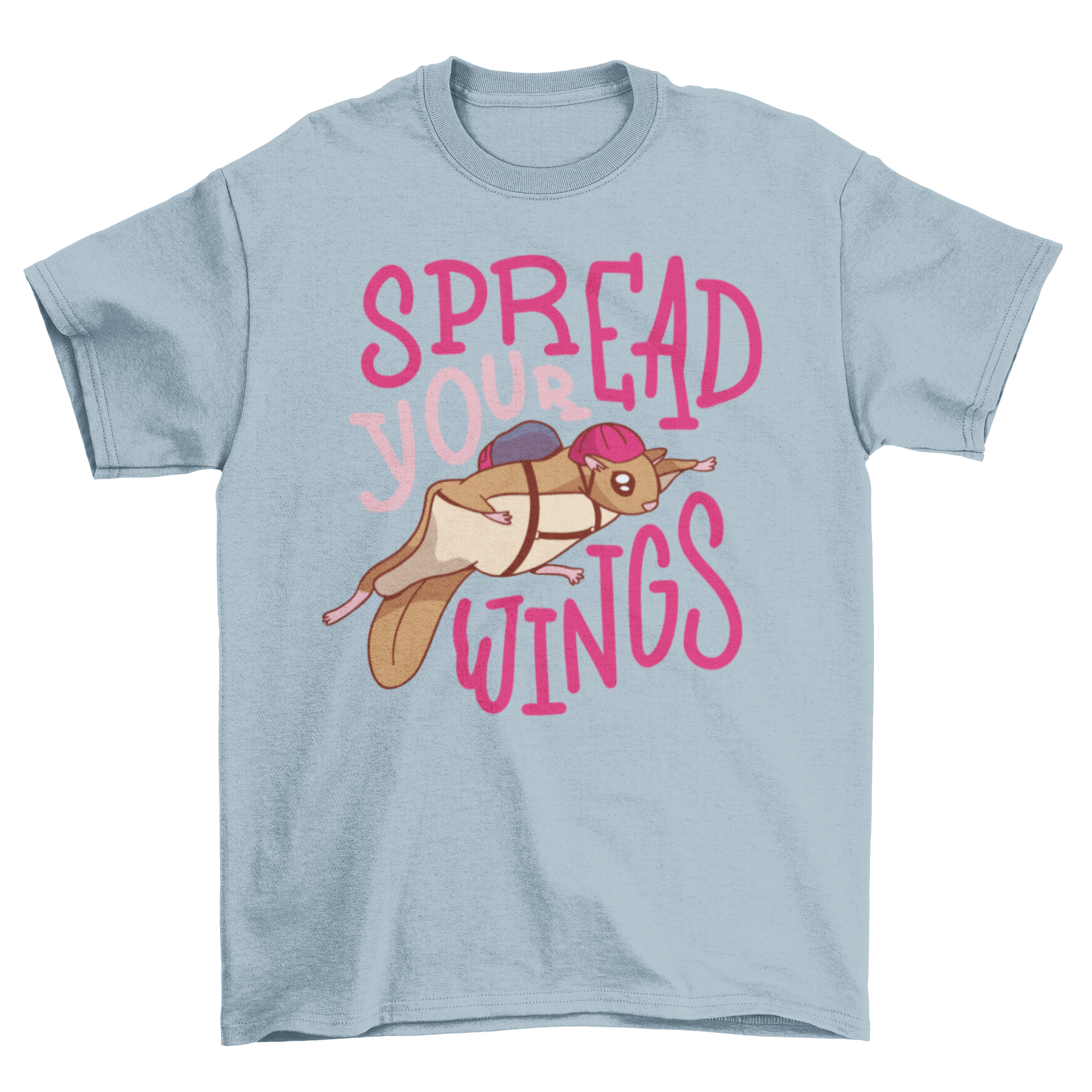 A stylish t-shirt featuring a flying squirrel wearing a helmet with the quote 'Spread your wings' printed below.