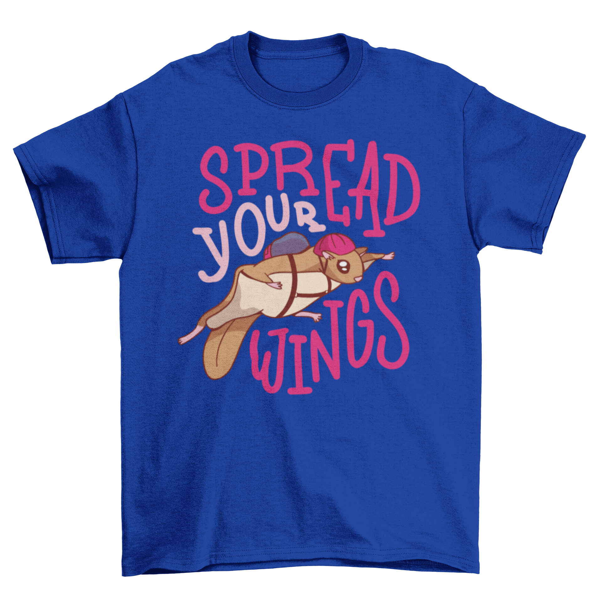 A stylish t-shirt featuring a flying squirrel wearing a helmet with the quote 'Spread your wings' printed below.