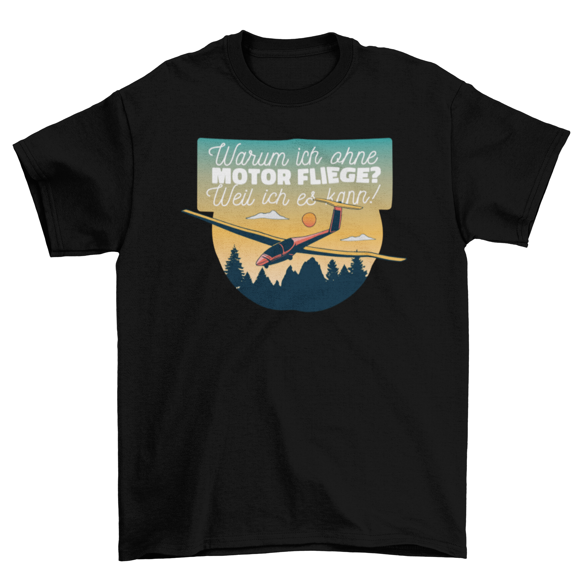 Flying without engine t-shirt featuring a plane design and German quote, perfect for aviation enthusiasts.