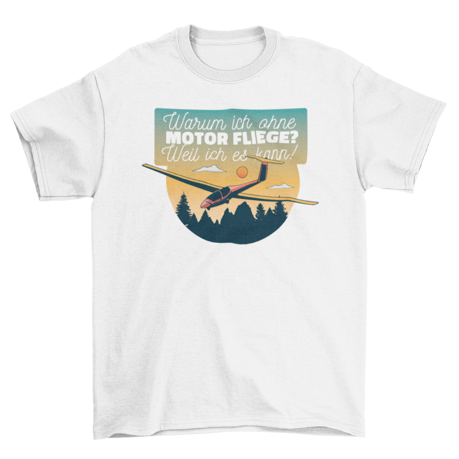 Flying without engine t-shirt featuring a plane design and German quote, perfect for aviation enthusiasts.