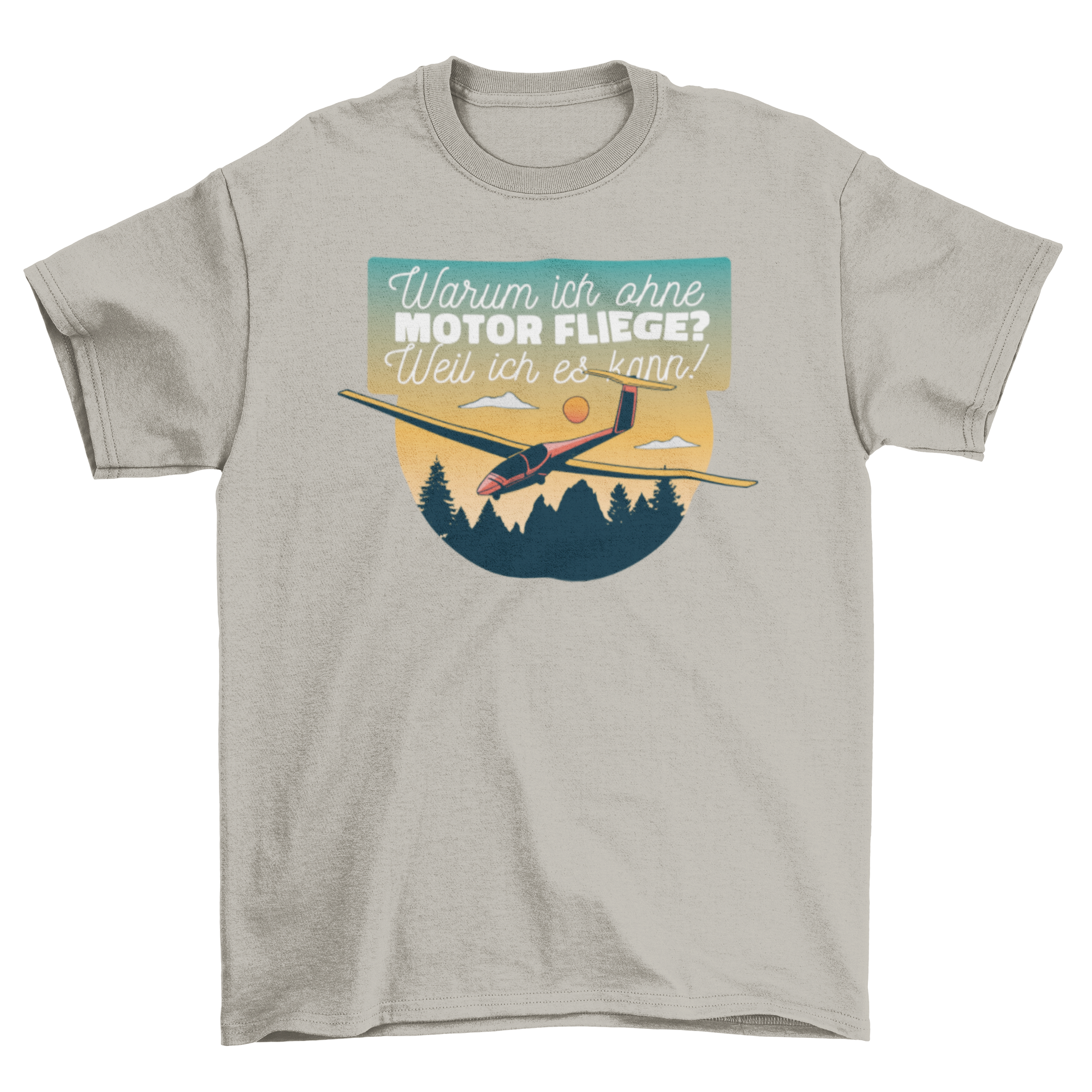 Flying without engine t-shirt featuring a plane design and German quote, perfect for aviation enthusiasts.