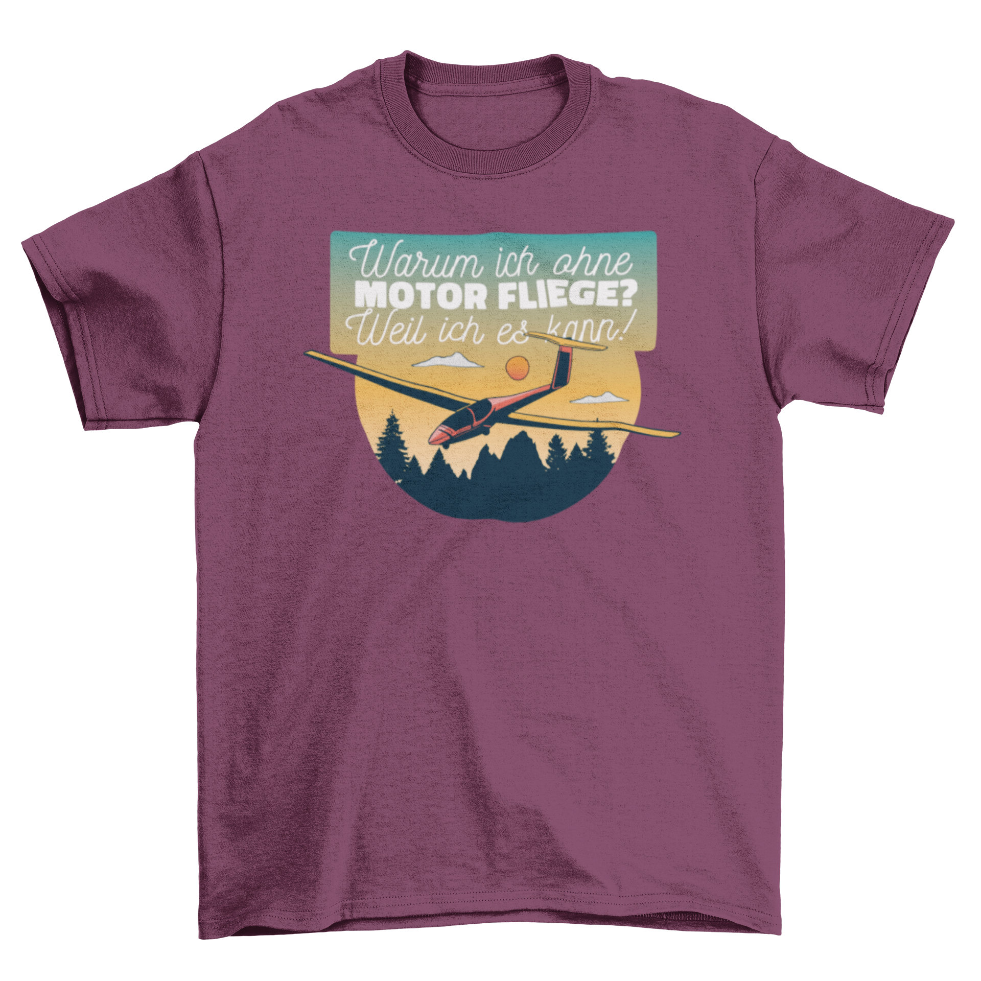 Flying without engine t-shirt featuring a plane design and German quote, perfect for aviation enthusiasts.