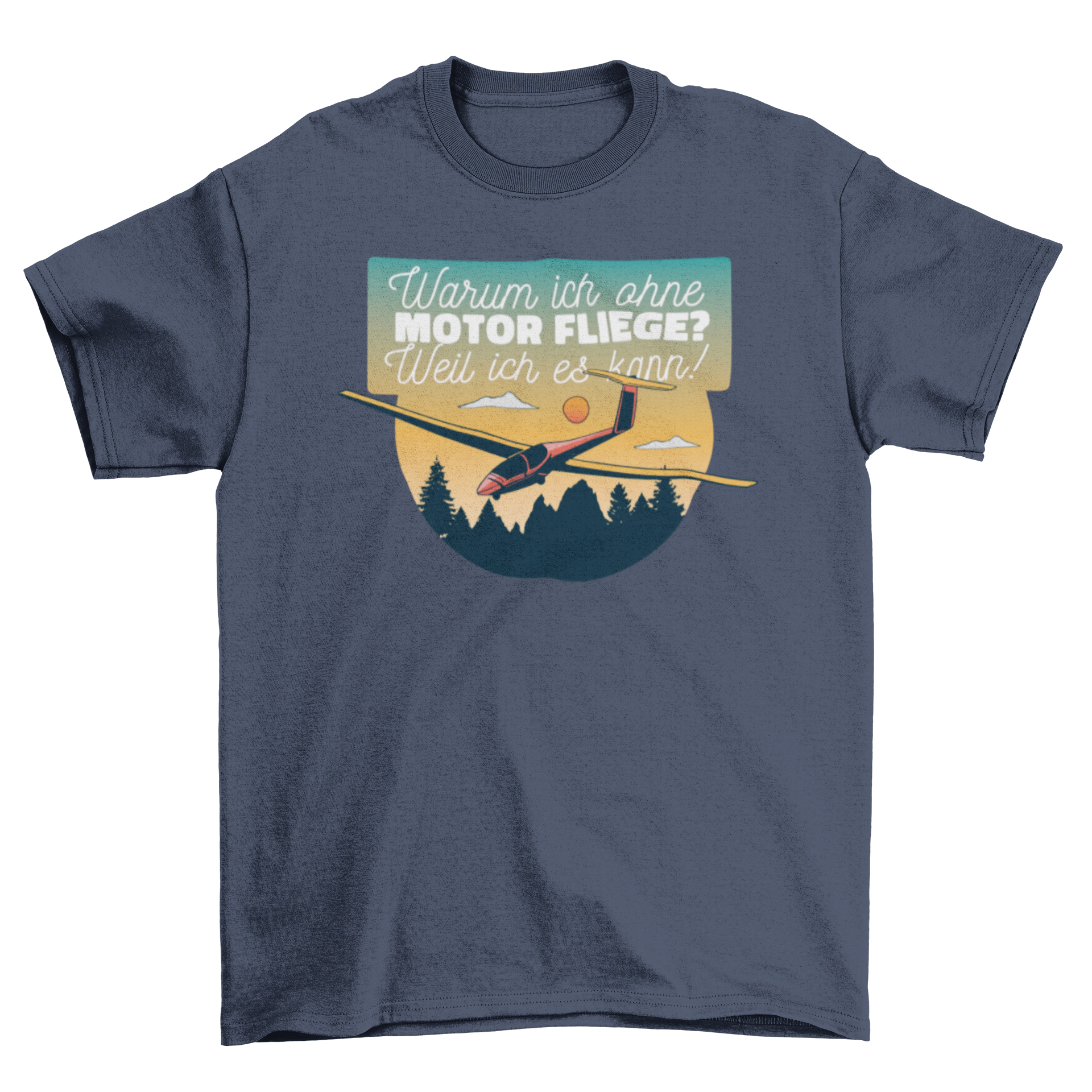 Flying without engine t-shirt featuring a plane design and German quote, perfect for aviation enthusiasts.