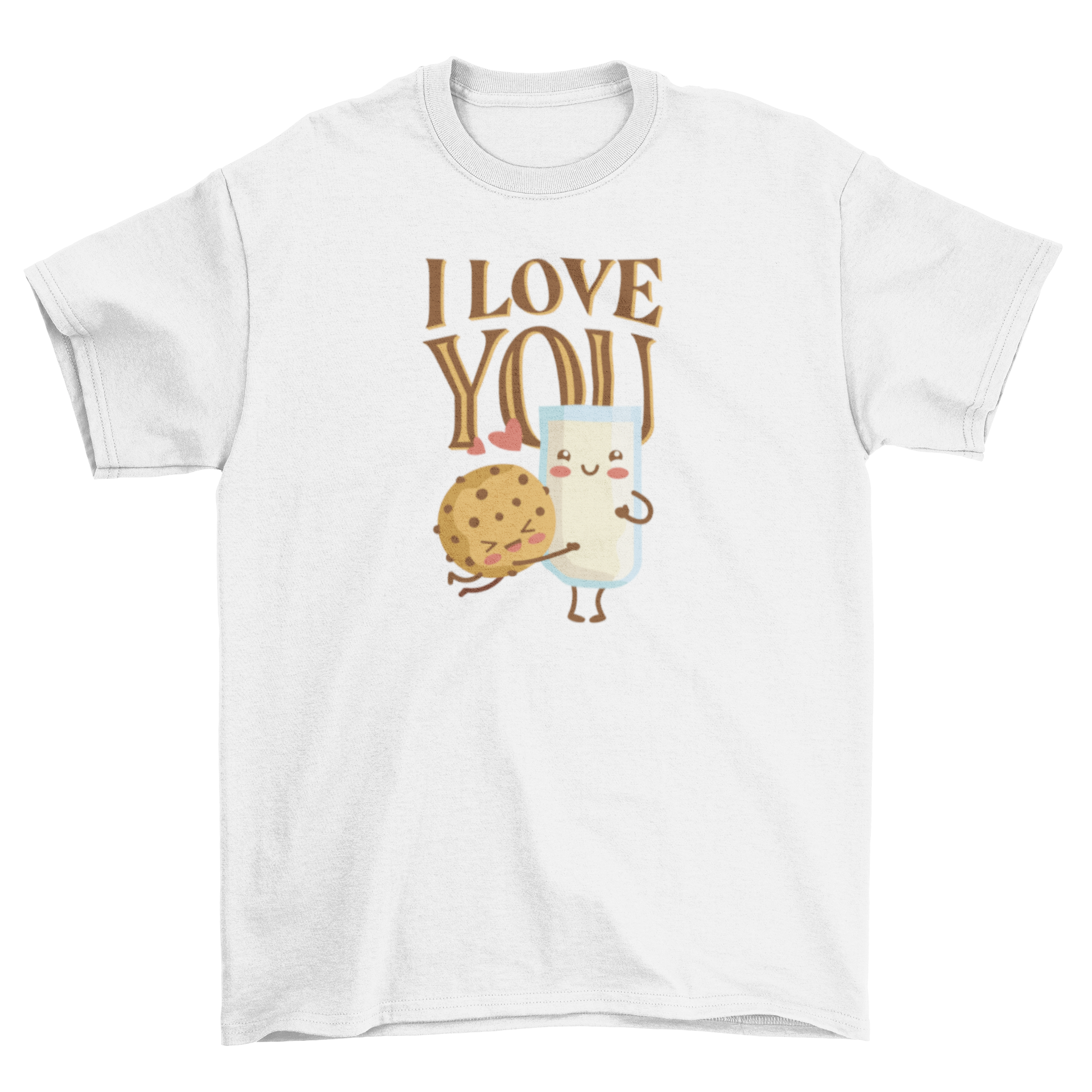 Food Lovers T-shirt featuring a cute cookie hugging a glass of milk with an 'I love you' caption, perfect for Valentine's Day.