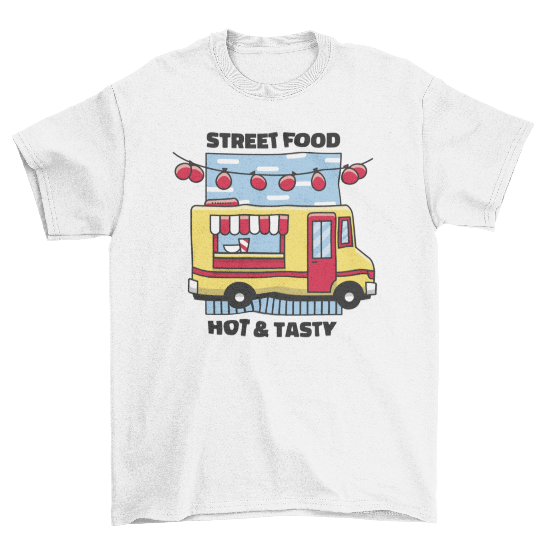 A vibrant t-shirt featuring a colorful food truck illustration and the quote 'Street food hot & tasty'.