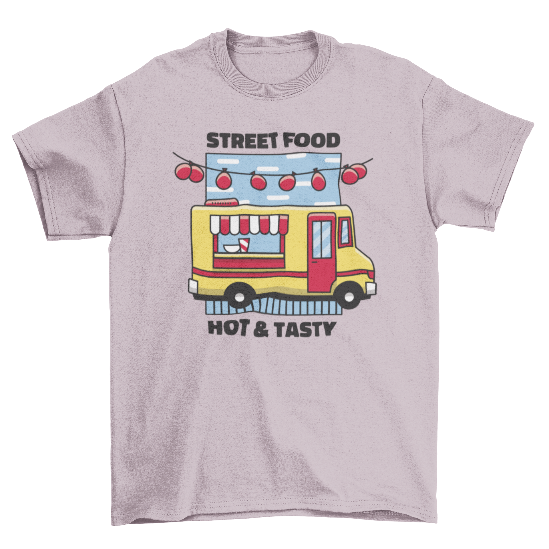 A vibrant t-shirt featuring a colorful food truck illustration and the quote 'Street food hot & tasty'.