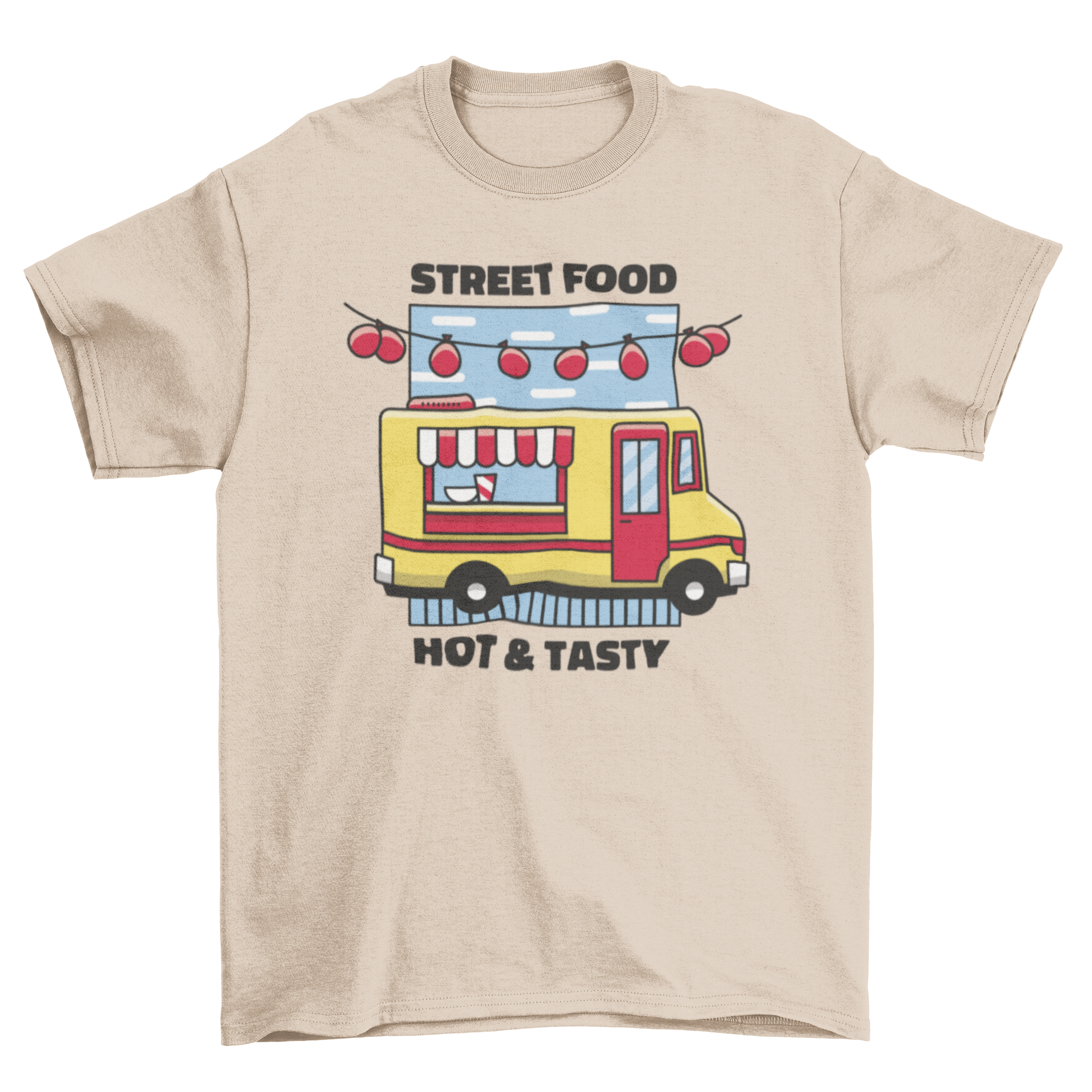 A vibrant t-shirt featuring a colorful food truck illustration and the quote 'Street food hot & tasty'.