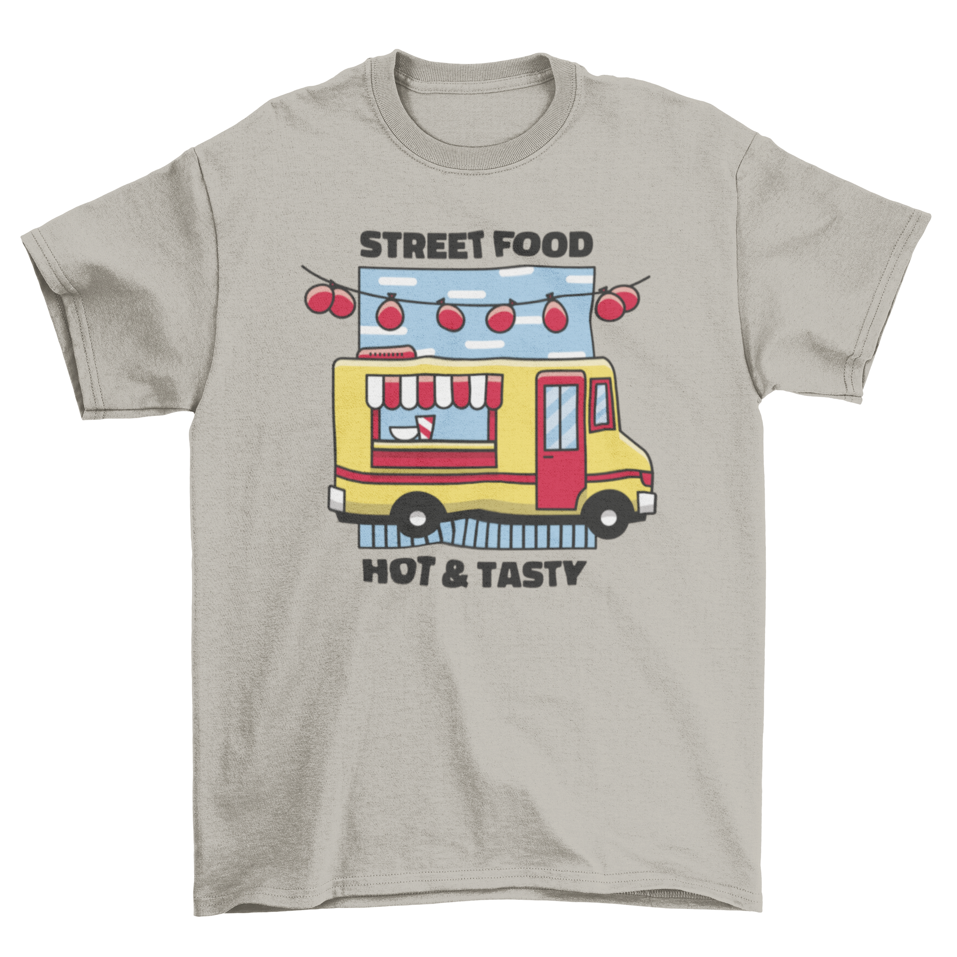 A vibrant t-shirt featuring a colorful food truck illustration and the quote 'Street food hot & tasty'.