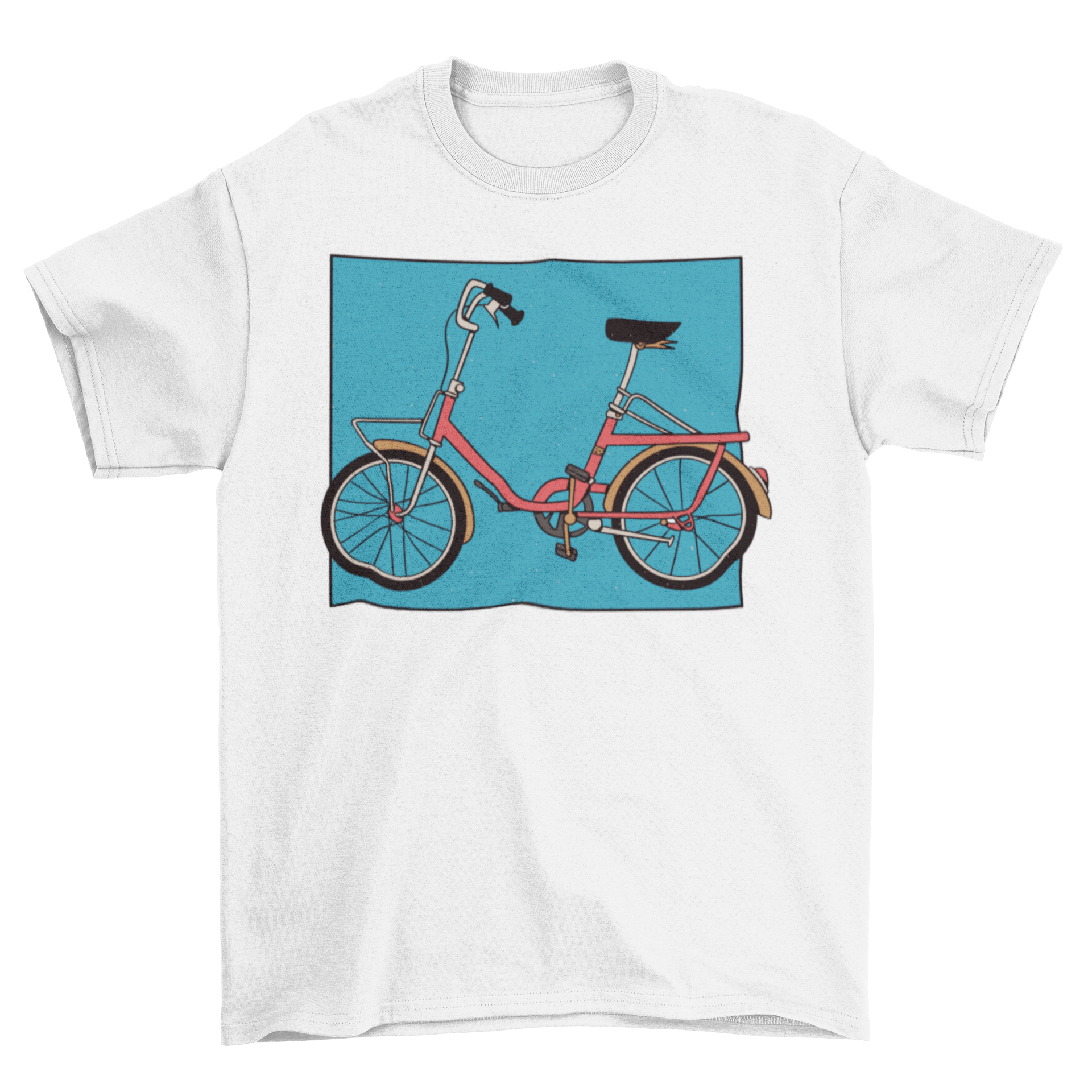 A stylish t-shirt featuring a vibrant illustration of a folding bike, perfect for cycling enthusiasts.