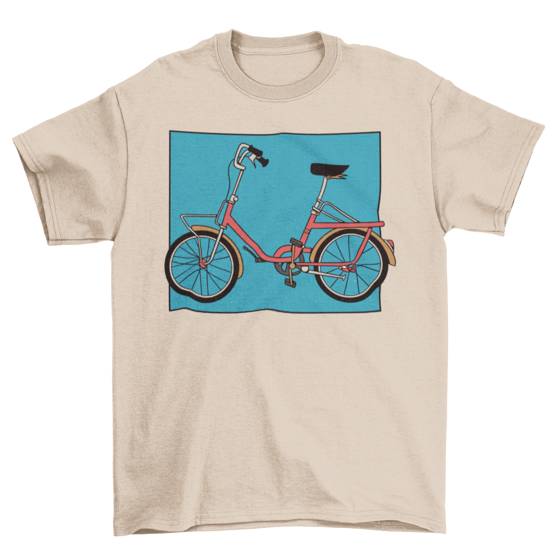 A stylish t-shirt featuring a vibrant illustration of a folding bike, perfect for cycling enthusiasts.