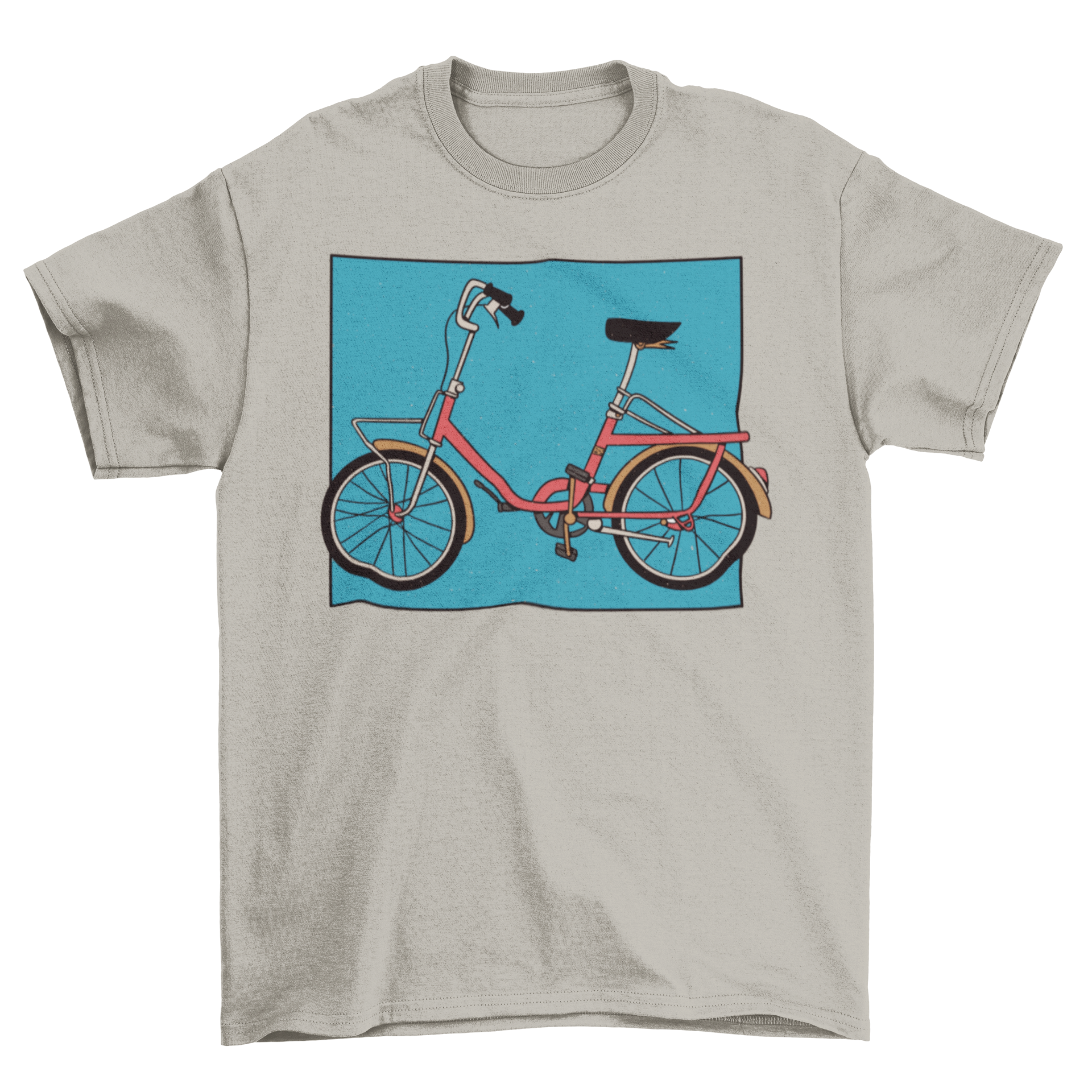 A stylish t-shirt featuring a vibrant illustration of a folding bike, perfect for cycling enthusiasts.