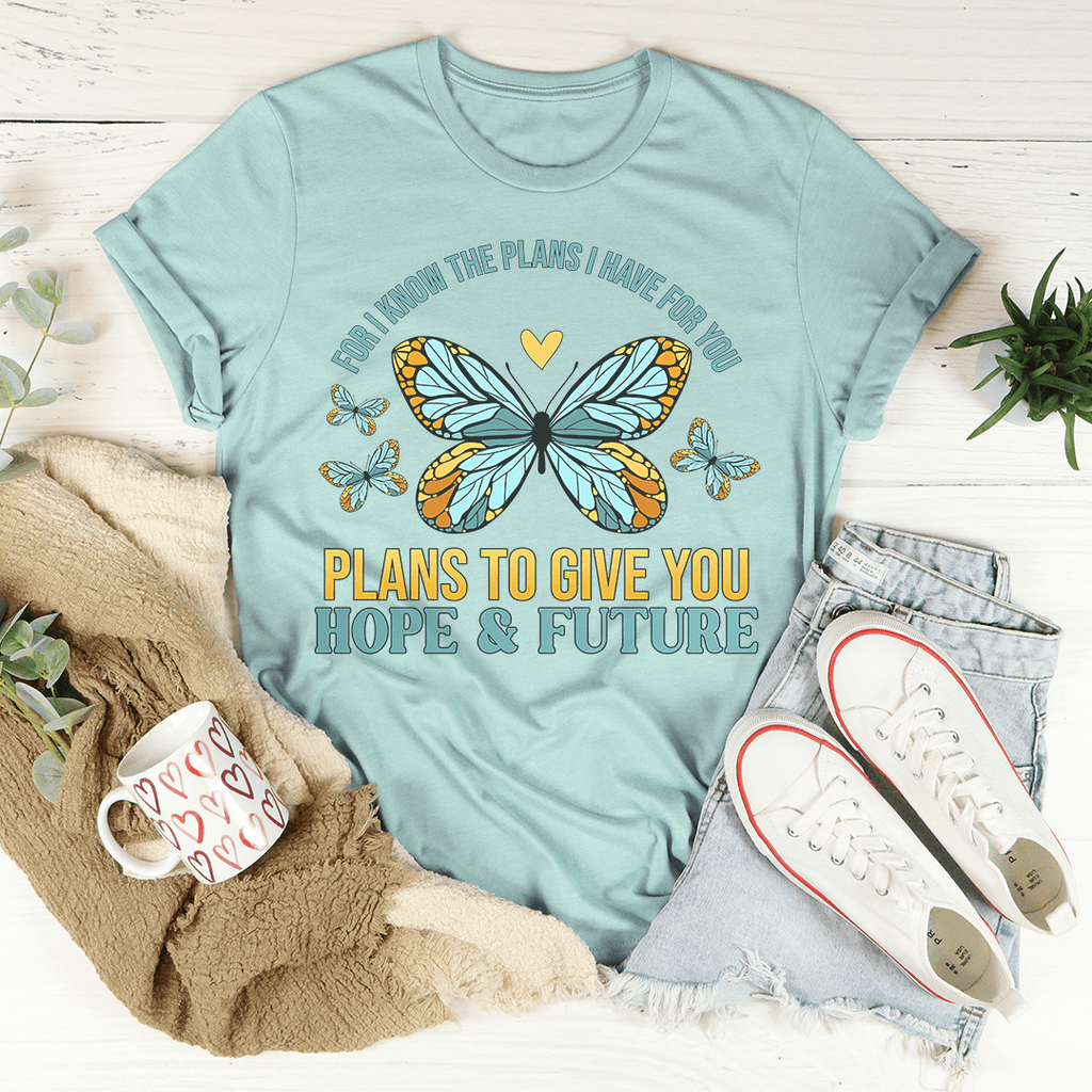 A stylish 'For I Know The Plans I Have For You' T-Shirt made from soft ring-spun cotton, featuring a meaningful printed message.