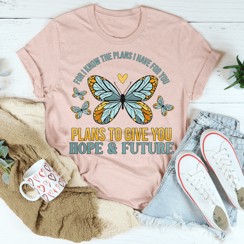 A stylish 'For I Know The Plans I Have For You' T-Shirt made from soft ring-spun cotton, featuring a meaningful printed message.