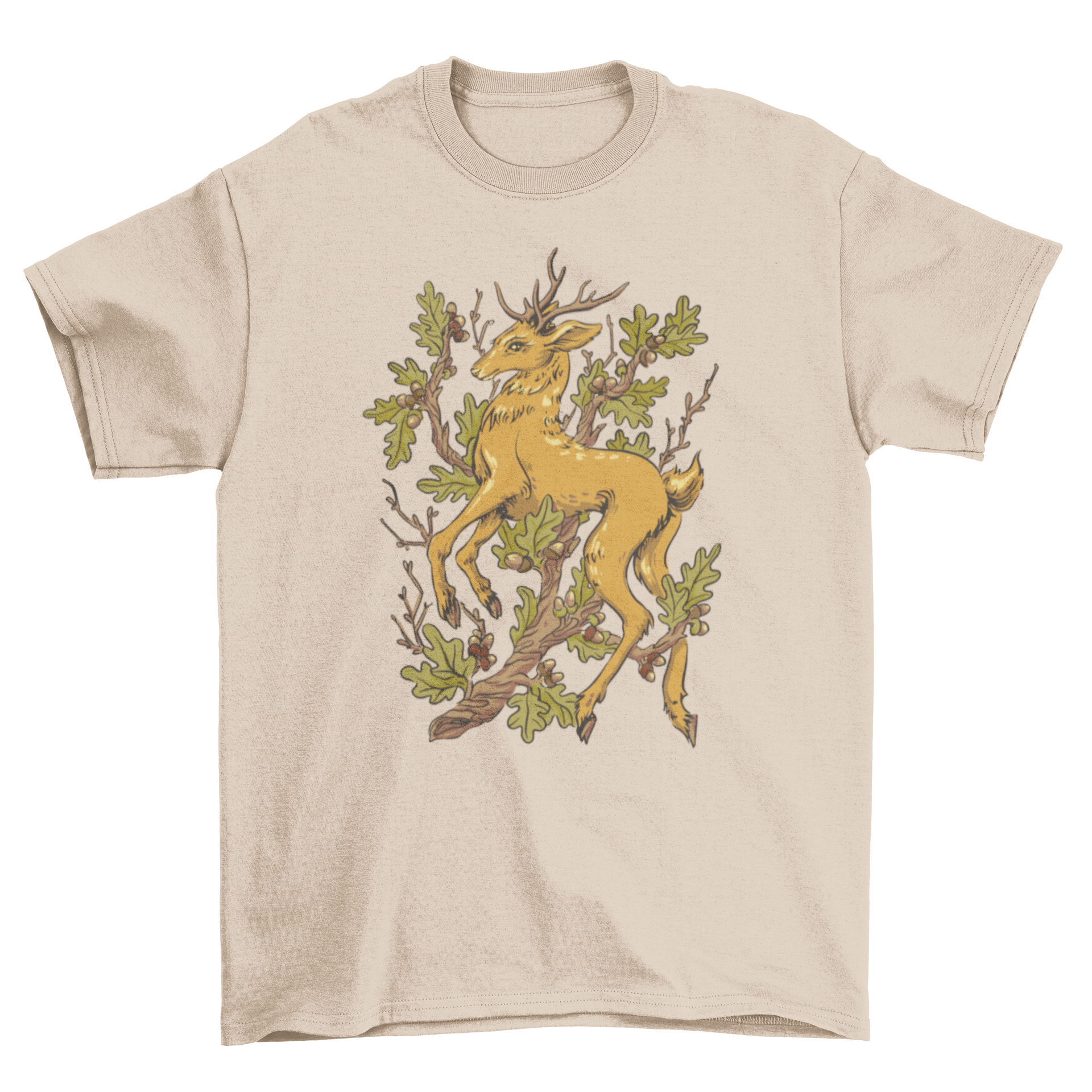 Forest deer illustration t-shirt featuring a deer surrounded by an oak tree, showcasing intricate details and vibrant colors.