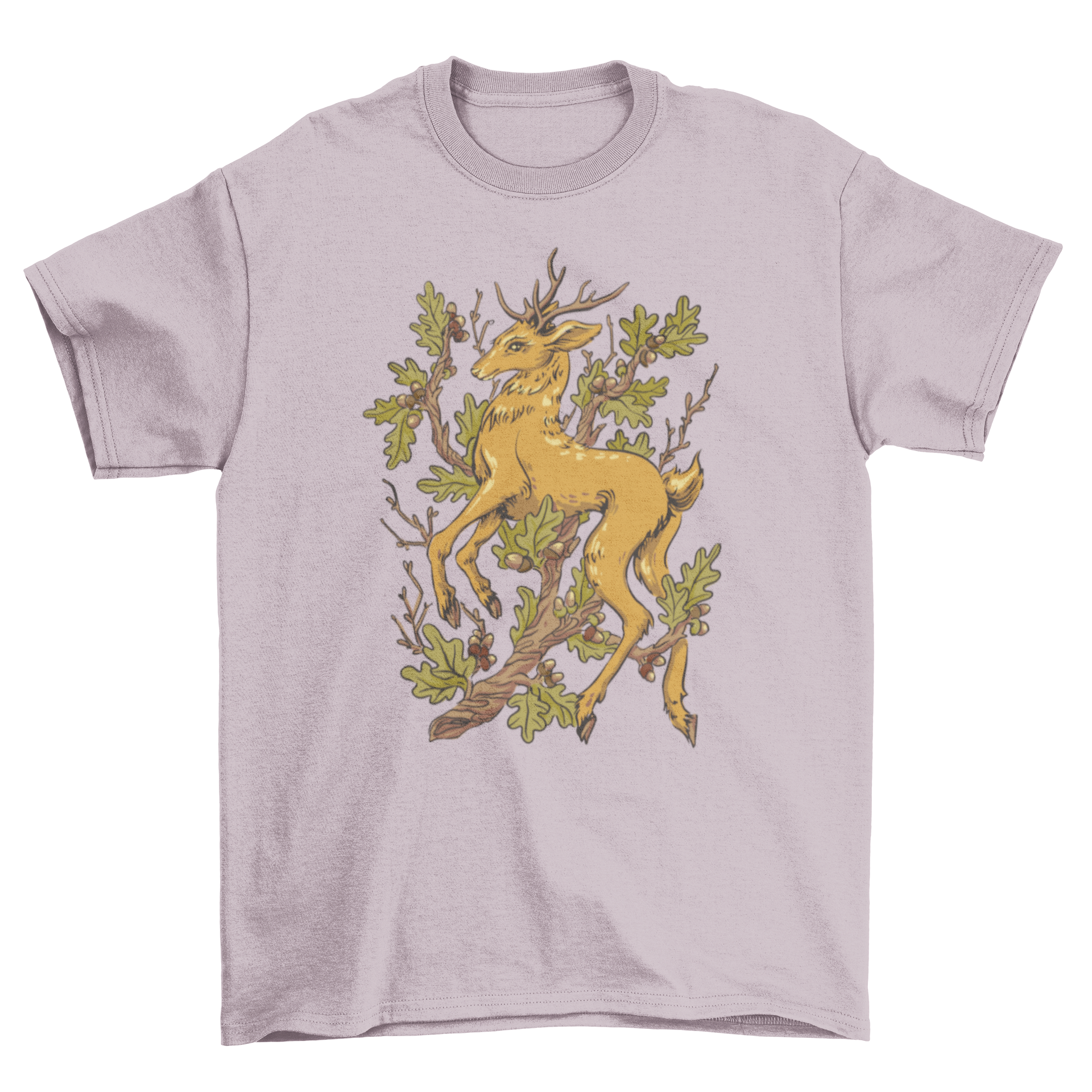 Forest deer illustration t-shirt featuring a deer surrounded by an oak tree, showcasing intricate details and vibrant colors.