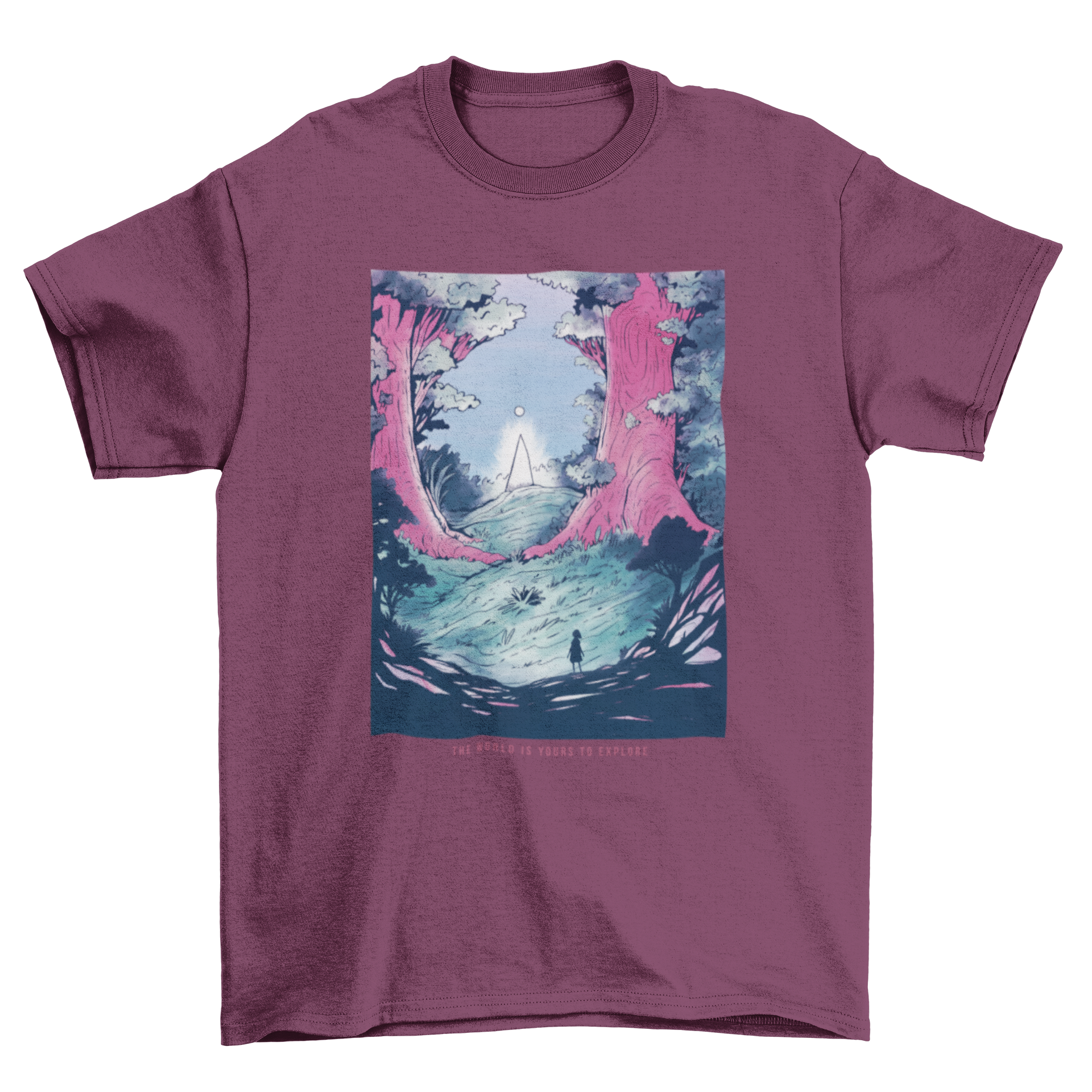 A beautifully designed t-shirt featuring a fantasy forest landscape with a distant silhouette of a person, showcasing nature's beauty.