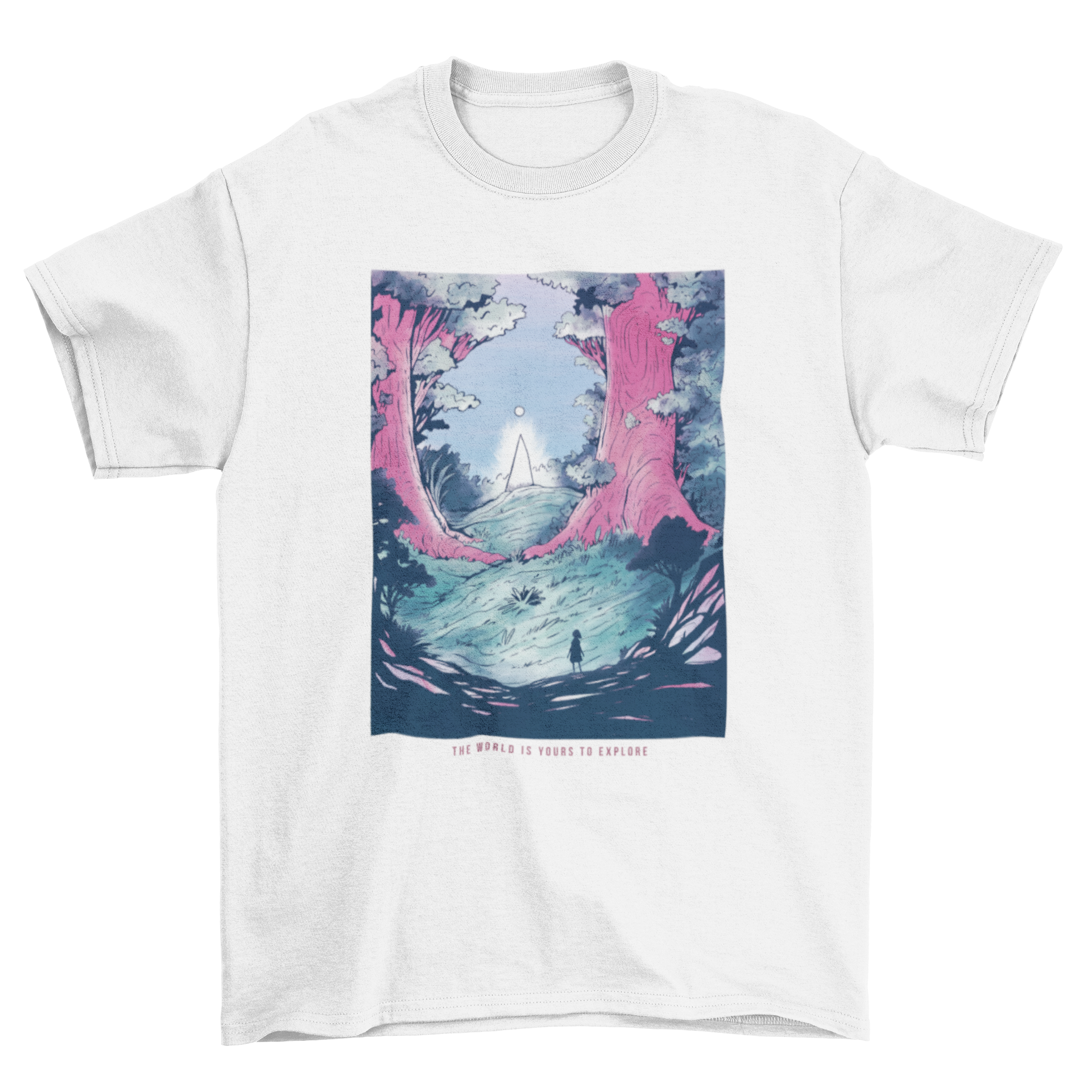 A beautifully designed t-shirt featuring a fantasy forest landscape with a distant silhouette of a person, showcasing nature's beauty.