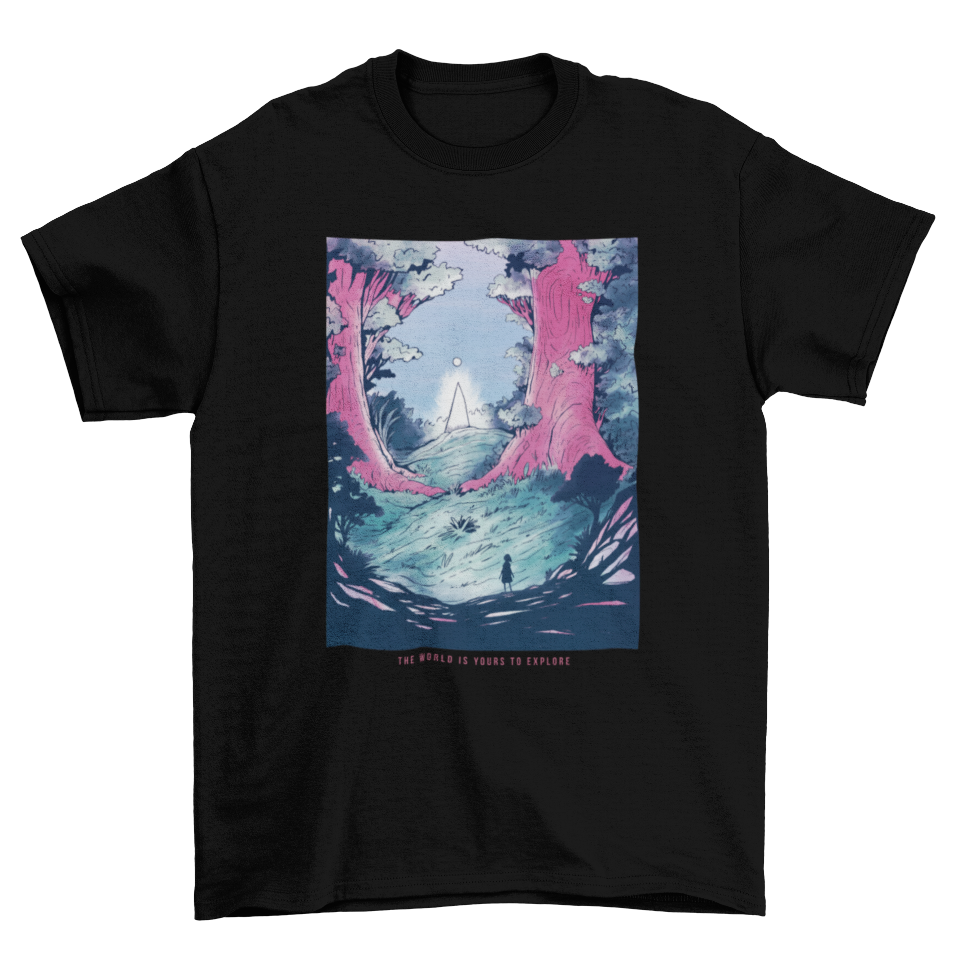 A beautifully designed t-shirt featuring a fantasy forest landscape with a distant silhouette of a person, showcasing nature's beauty.