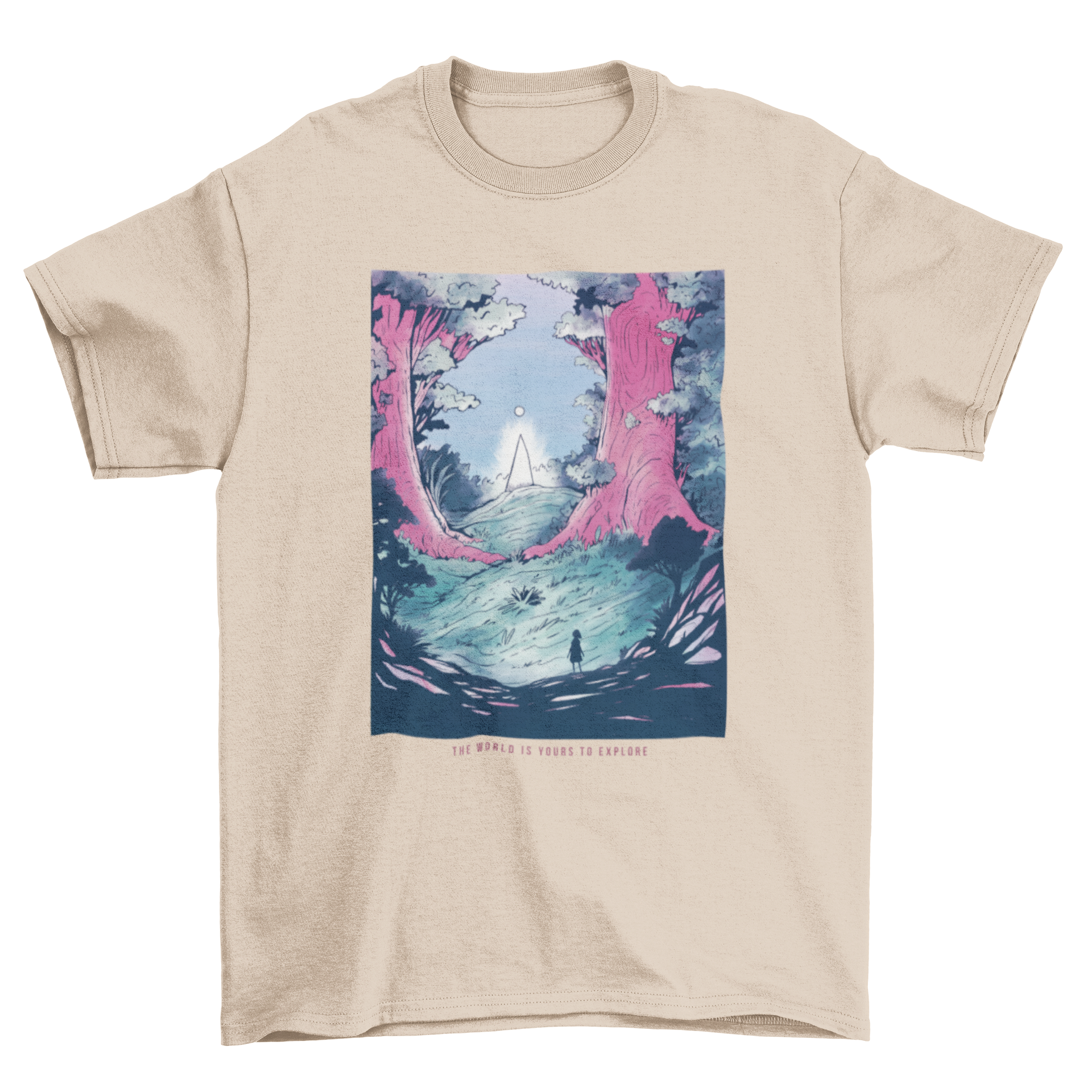 A beautifully designed t-shirt featuring a fantasy forest landscape with a distant silhouette of a person, showcasing nature's beauty.