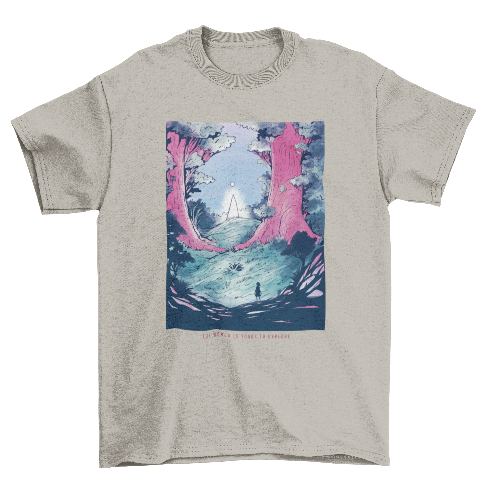 A beautifully designed t-shirt featuring a fantasy forest landscape with a distant silhouette of a person, showcasing nature's beauty.