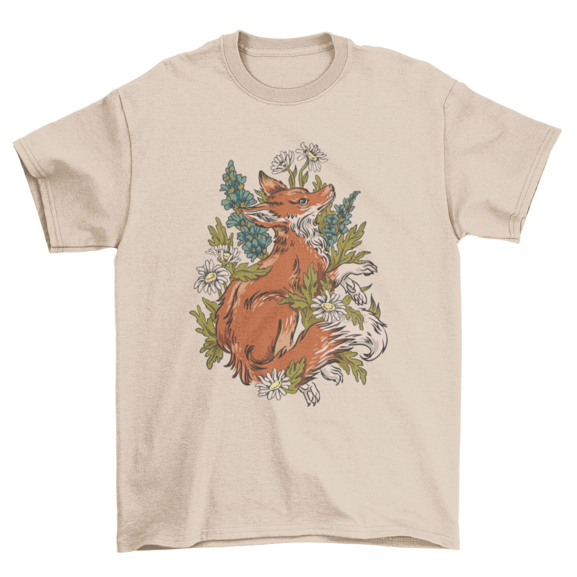 Forest Fox Nature T-Shirt featuring a detailed fox illustration surrounded by lush green plants.