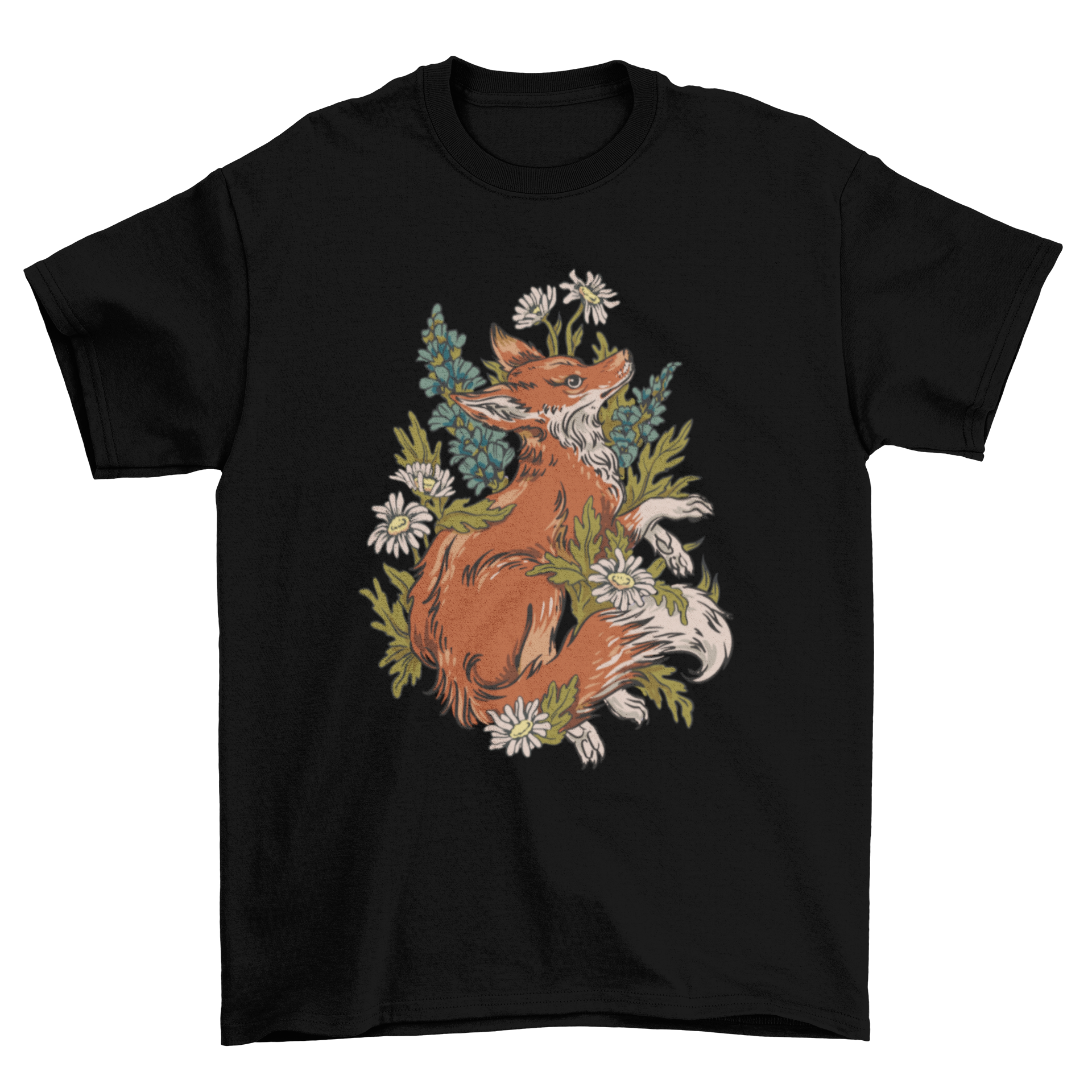 Forest Fox Nature T-Shirt featuring a detailed fox illustration surrounded by lush green plants.