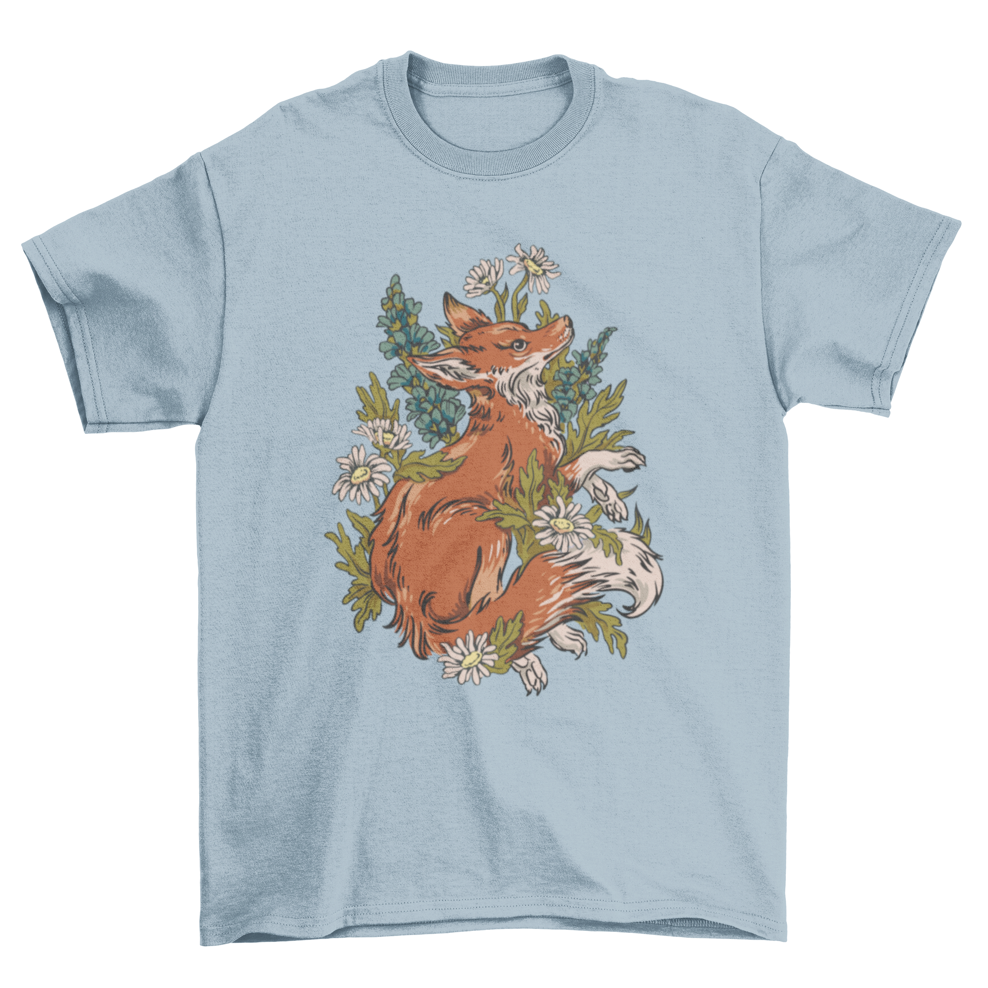 Forest Fox Nature T-Shirt featuring a detailed fox illustration surrounded by lush green plants.