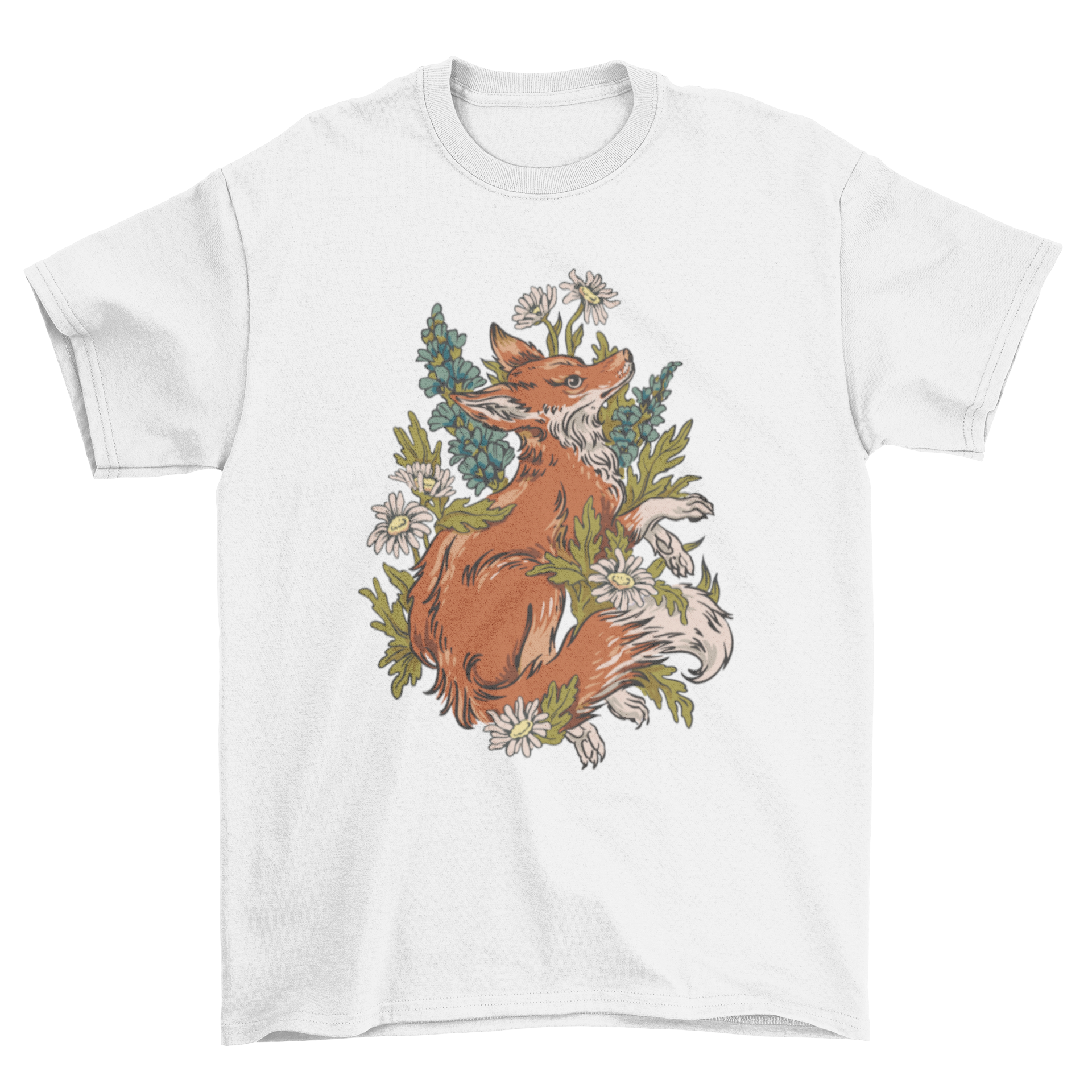 Forest Fox Nature T-Shirt featuring a detailed fox illustration surrounded by lush green plants.