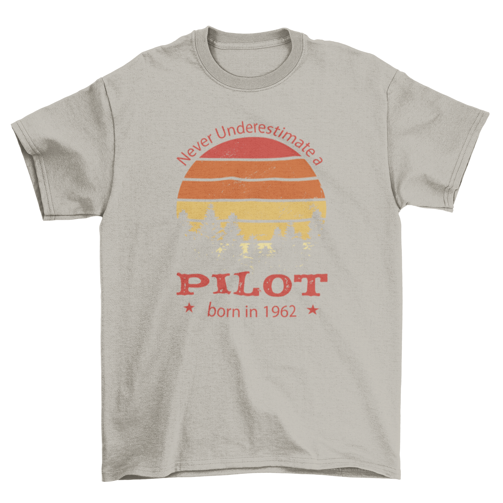 Forest in retro sunset t-shirt featuring a vibrant sunset design and a pilot quote.