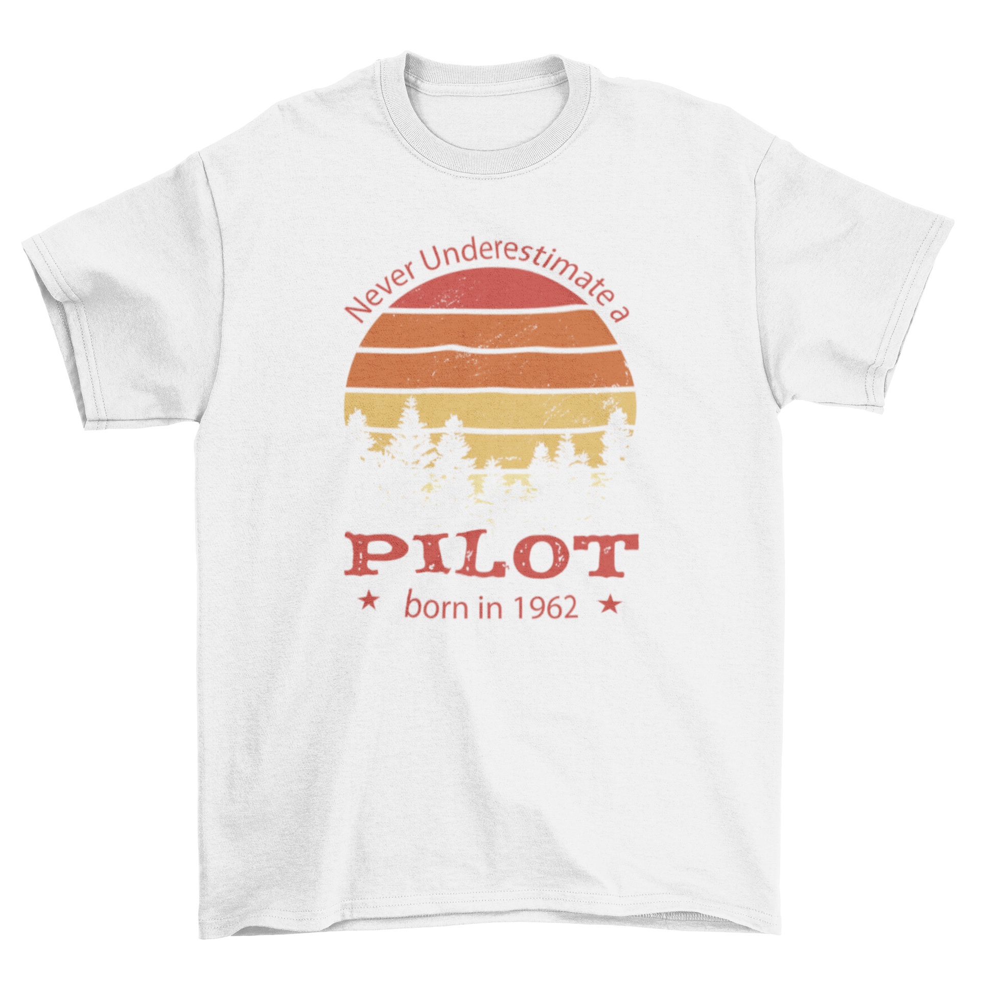 Forest in retro sunset t-shirt featuring a vibrant sunset design and a pilot quote.