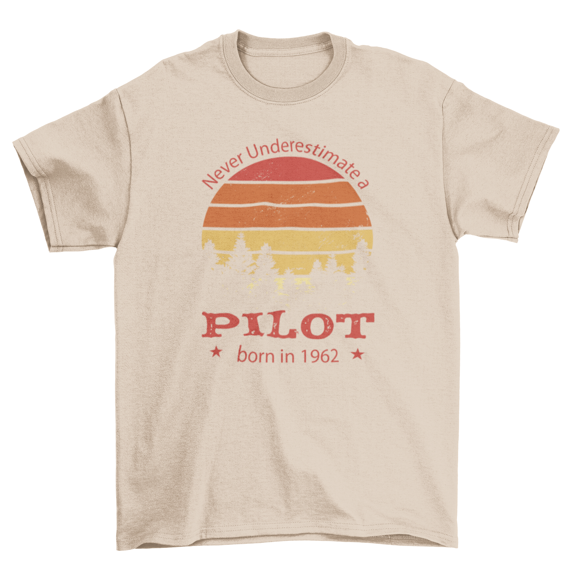 Forest in retro sunset t-shirt featuring a vibrant sunset design and a pilot quote.