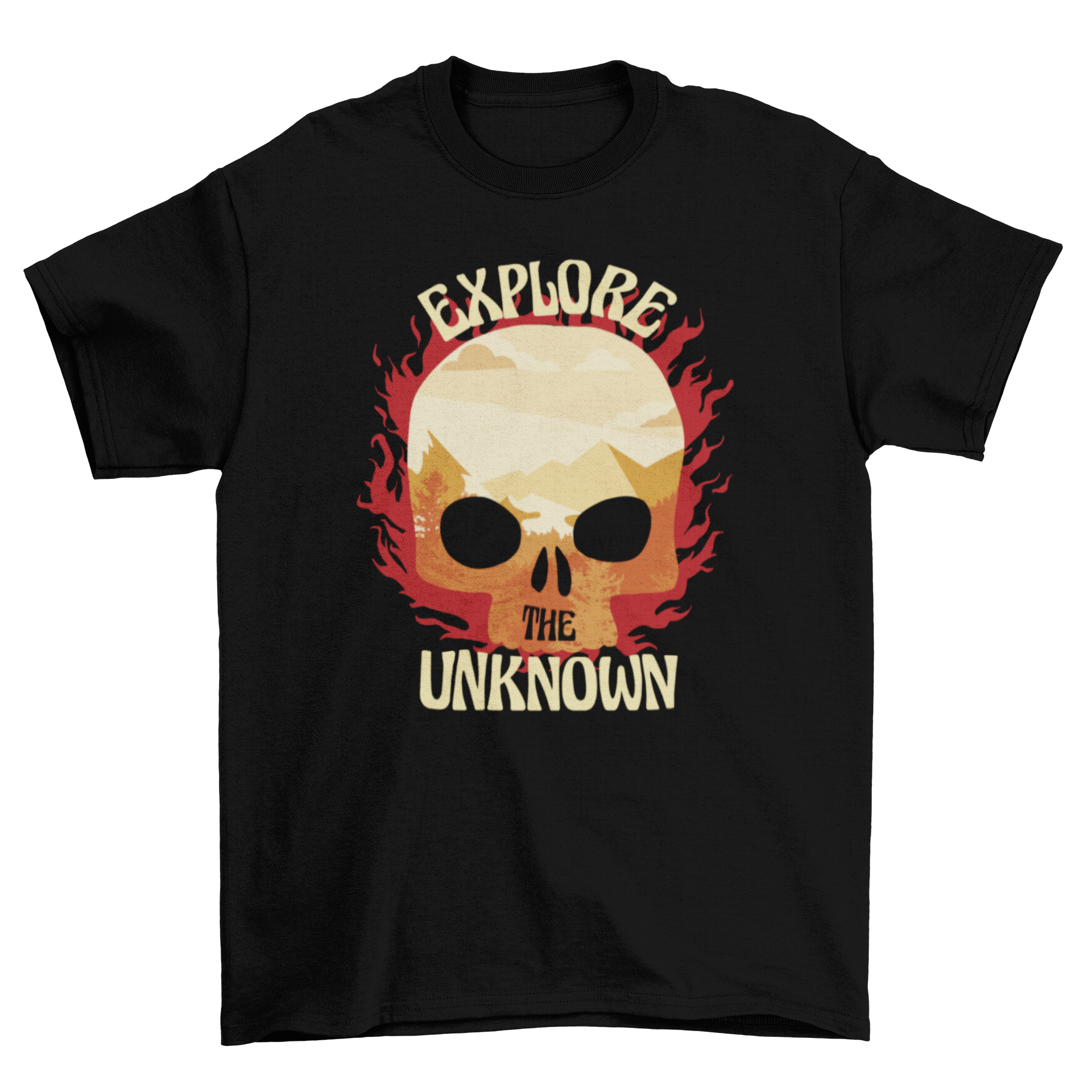 A stylish t-shirt featuring a fiery skull design with a forest landscape and the quote 'Explore the unknown'.